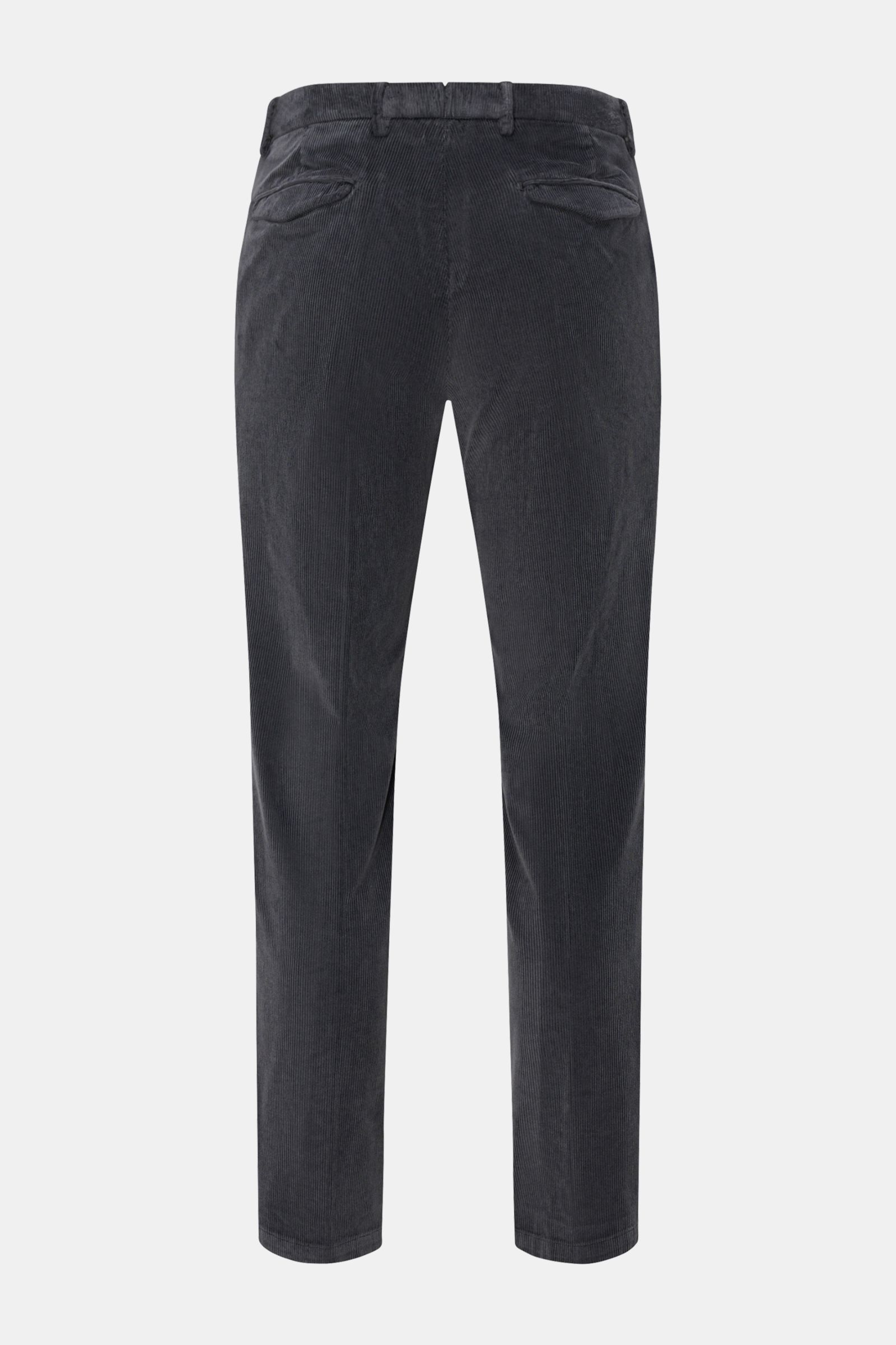 Briglia 1949 Cordhose dunkelgrau shown from the back, dark grey corduroy pants with soft cotton-modal blend, tapered fit, stretch, ankle length, French pockets, welt back pockets with flaps, zipper and button closure, simple front crease, regular thigh wi