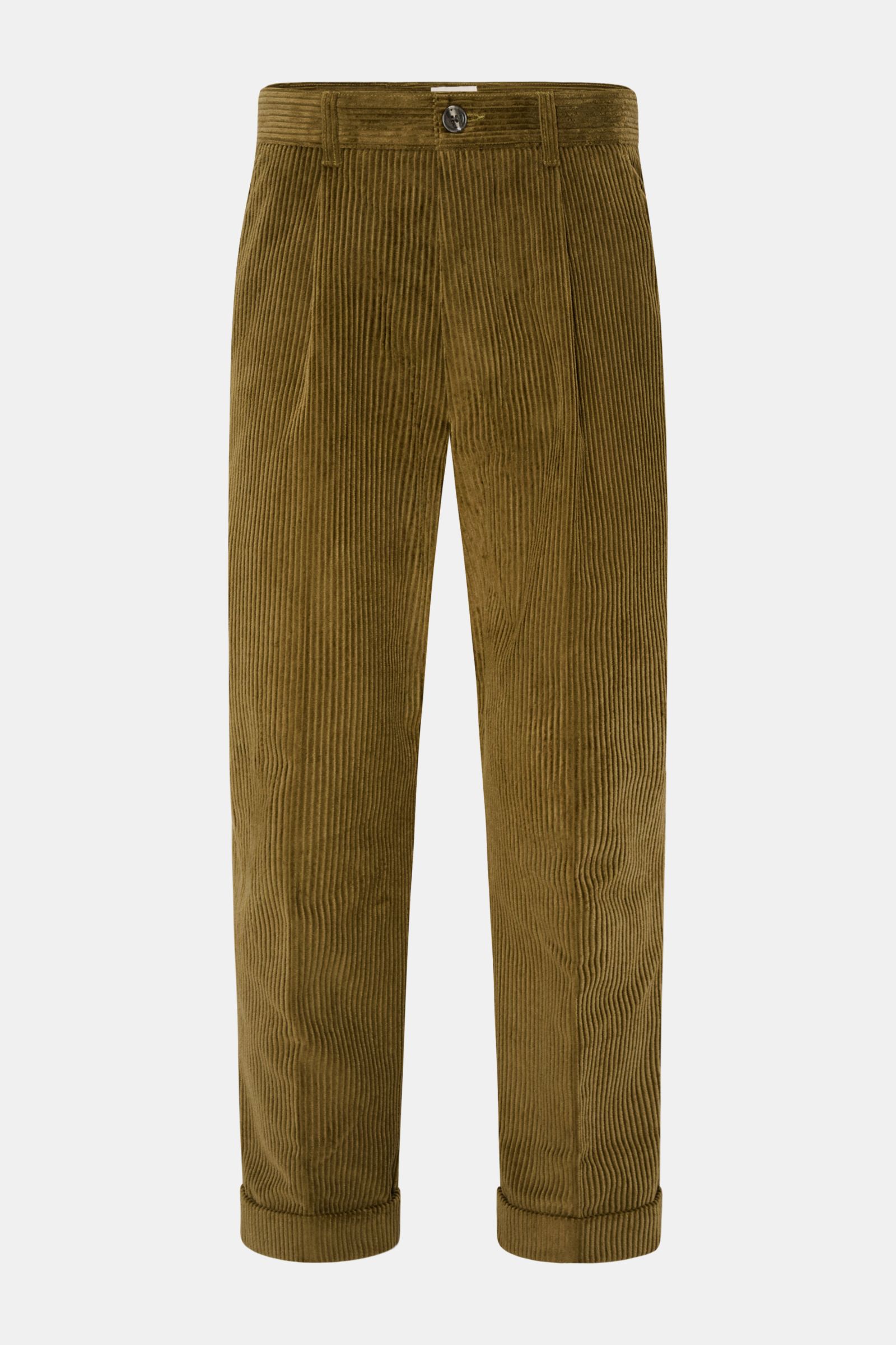 Front view of Ami Paris Cordhose oliv, olive green tapered corduroy pants with button fly, high waist, classic pleat, and cuffed hems.

Description: Mit lässiger Eleganz und französischem Esprit verleiht diese Karottenhose von AMI PARIS jedem Auftritt 