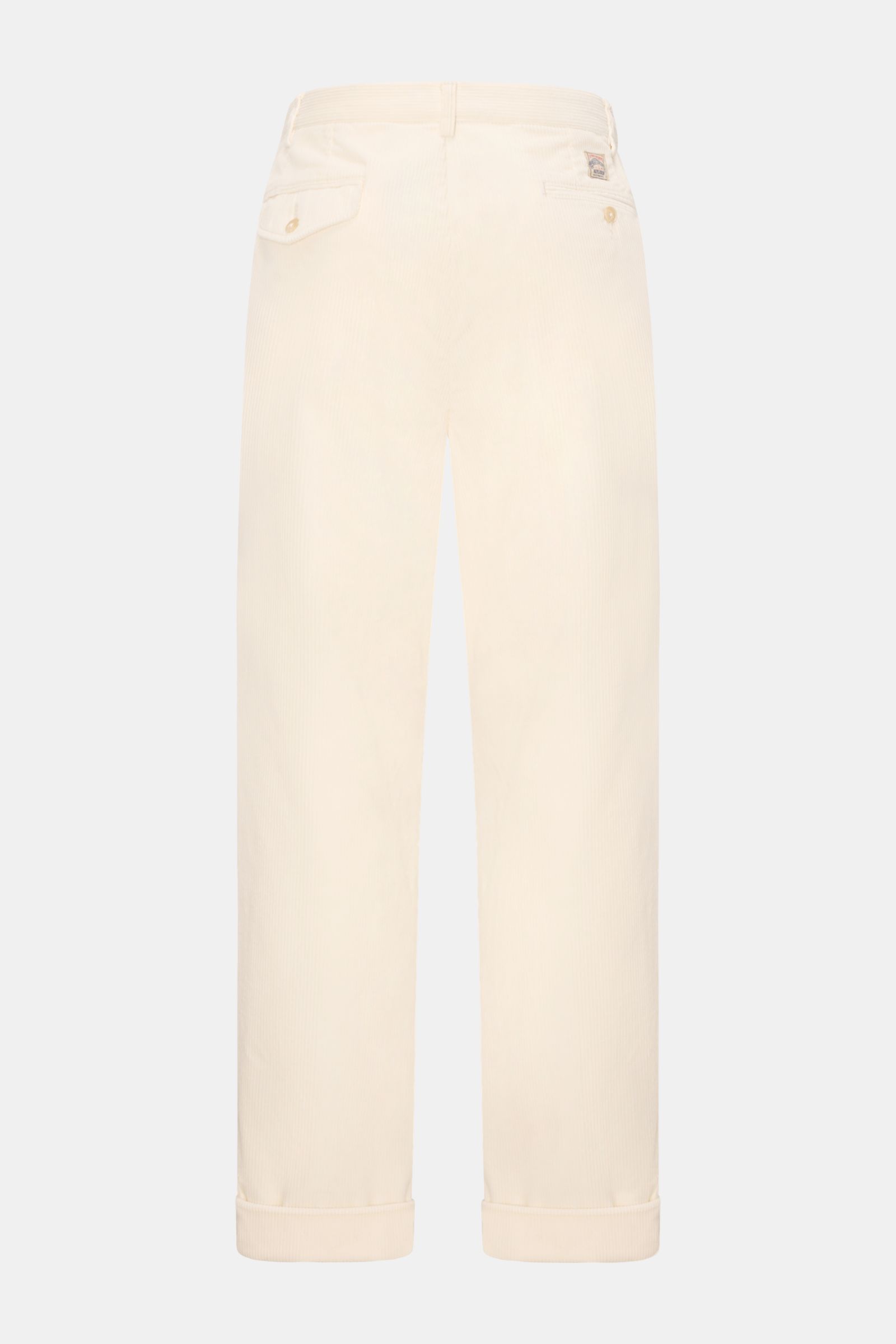 Back view of Polo Ralph Lauren Cordhose creme corduroy pants, tapered fit, ankle length, with buttoned back pockets and cuffed hems.