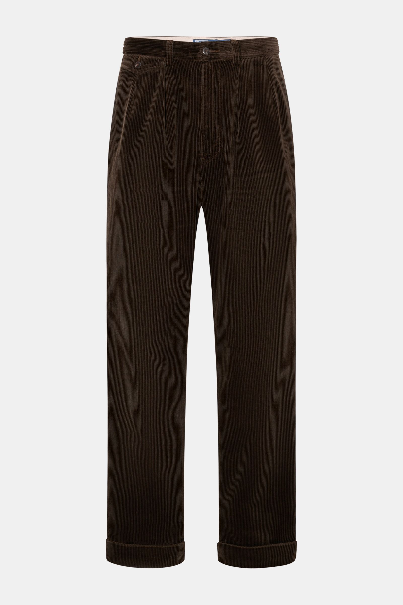Polo Ralph Lauren Cordhose dunkelbraun aus Baumwollcord, knöchellang, mit Bundfalten, geradem Schnitt und fixiertem Saum, frontal fotografiert.