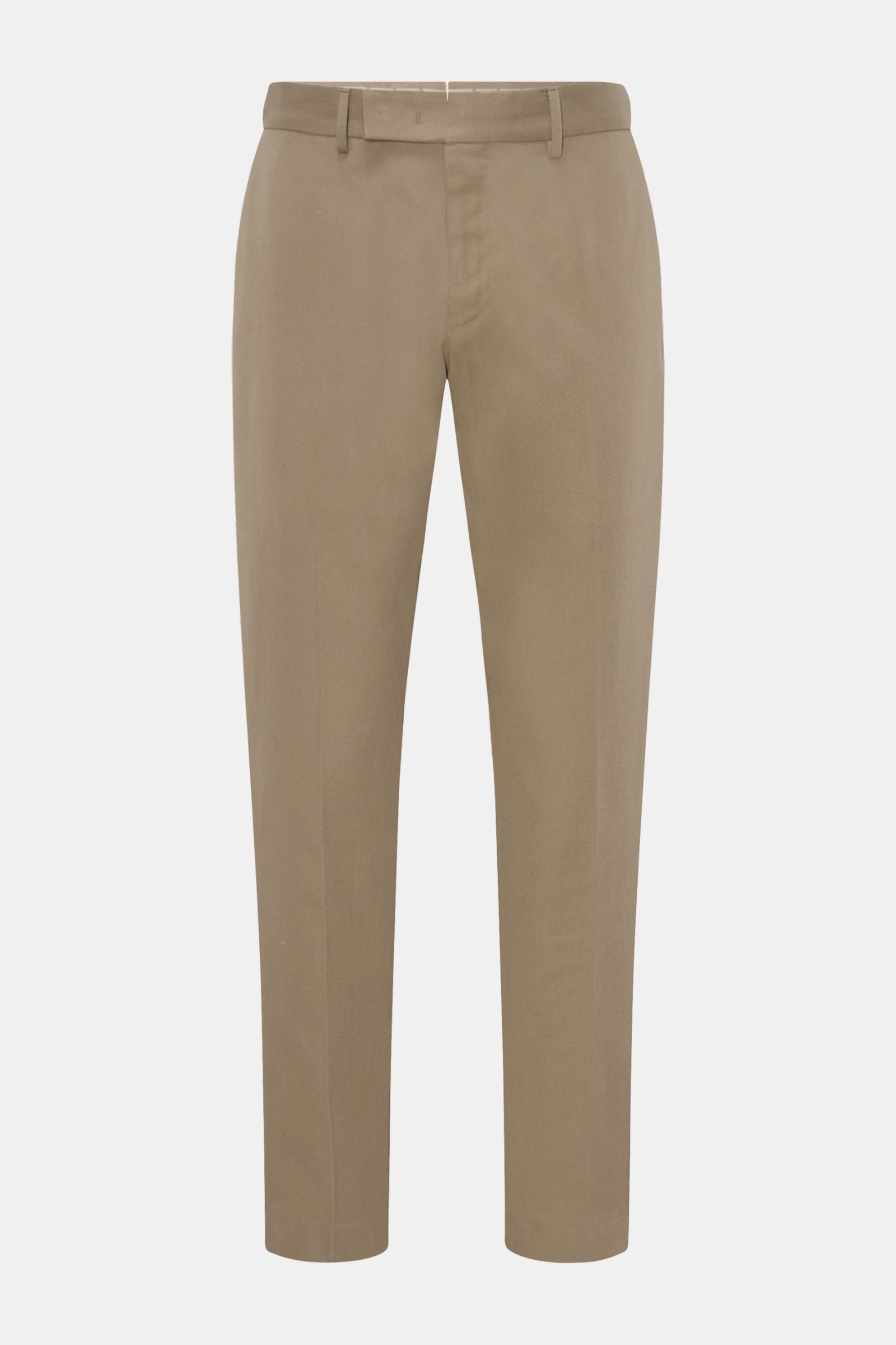 Front view of PT Torino Chino 'Rebel Fit' beige trousers made of twill aus reiner Baumwolle, griffige Haptik, garment dyed, tapered fit, reguläre Oberschenkelweite, knöchellang, with Reißverschluss und Bundhaken, französische Taschen, paspelierte Gesäßtas