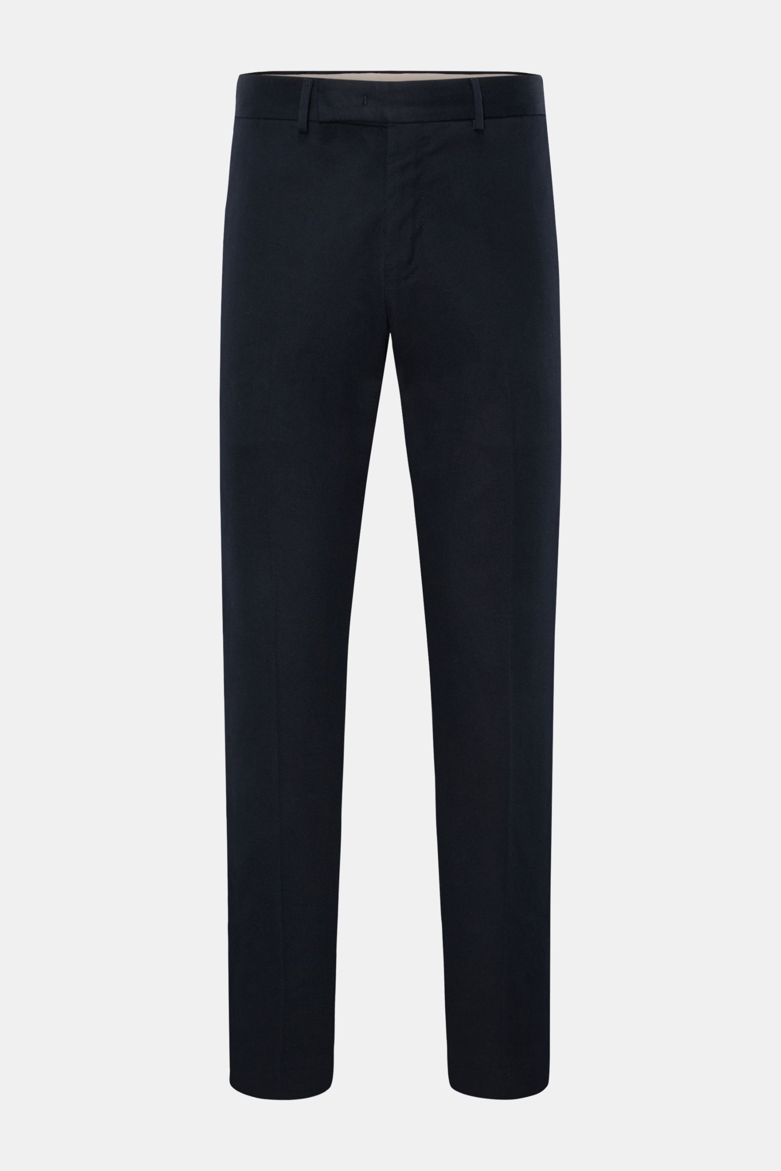 PT Torino Chino 'Rebel Fit' navy, frontale Ansicht, Twill aus reiner Baumwolle, griffige Haptik, garment dyed, tapered Fit, reguläre Oberschenkelweite, knöchellang, Reißverschluss, Bundhaken, französische Taschen, paspelierte Gesäßtaschen, kleines Metall-