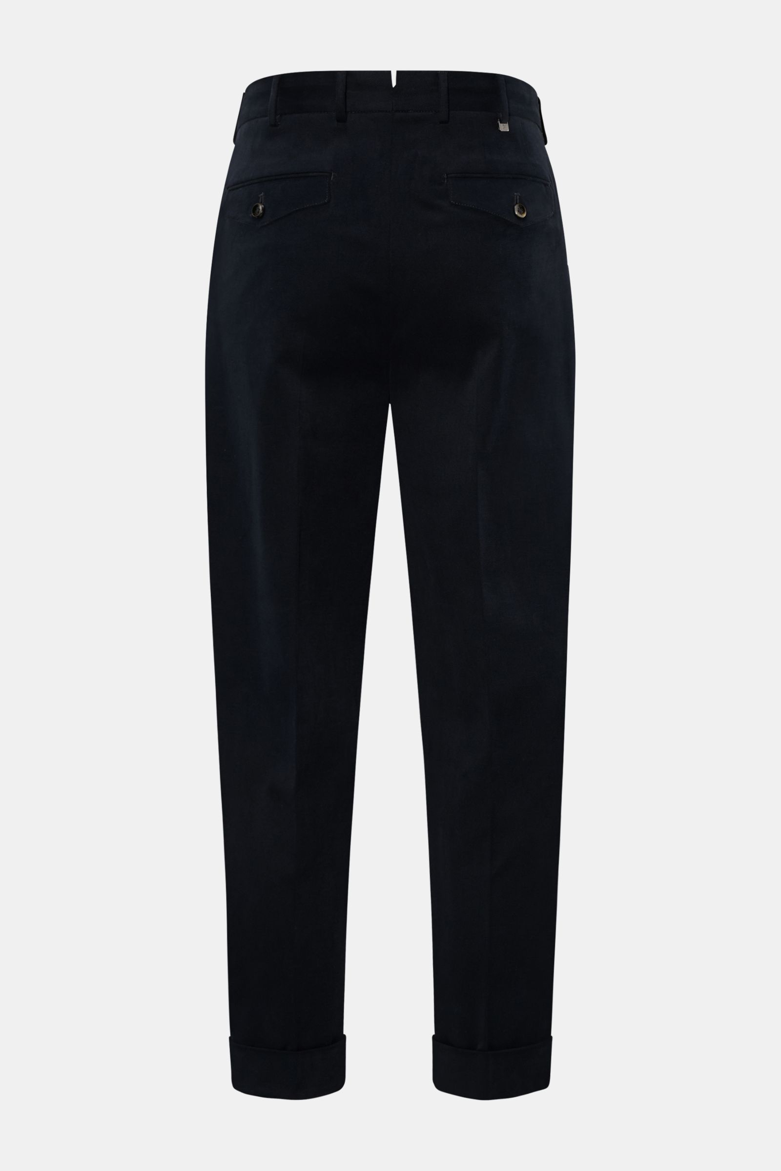 PT Torino Chino 'Carrot Fit' dark navy von hinten, knöchellang, mit Bundfalten, Uhrentasche, französischen Taschen und fixiertem Saumaufschlag.