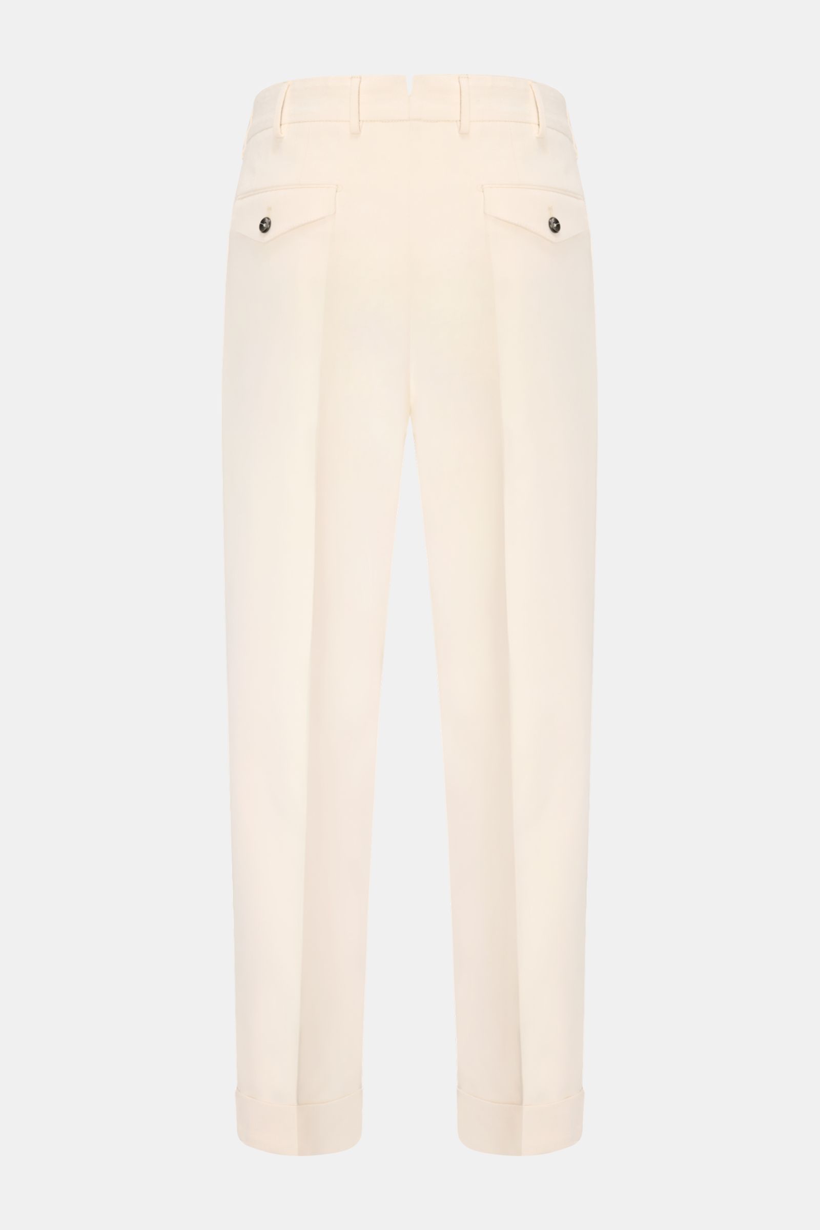 PT Torino Chino 'Carrot Fit' creme shown from the back, featuring short cut, stylish double pleats, extended button fly, and buttoned flap pockets.