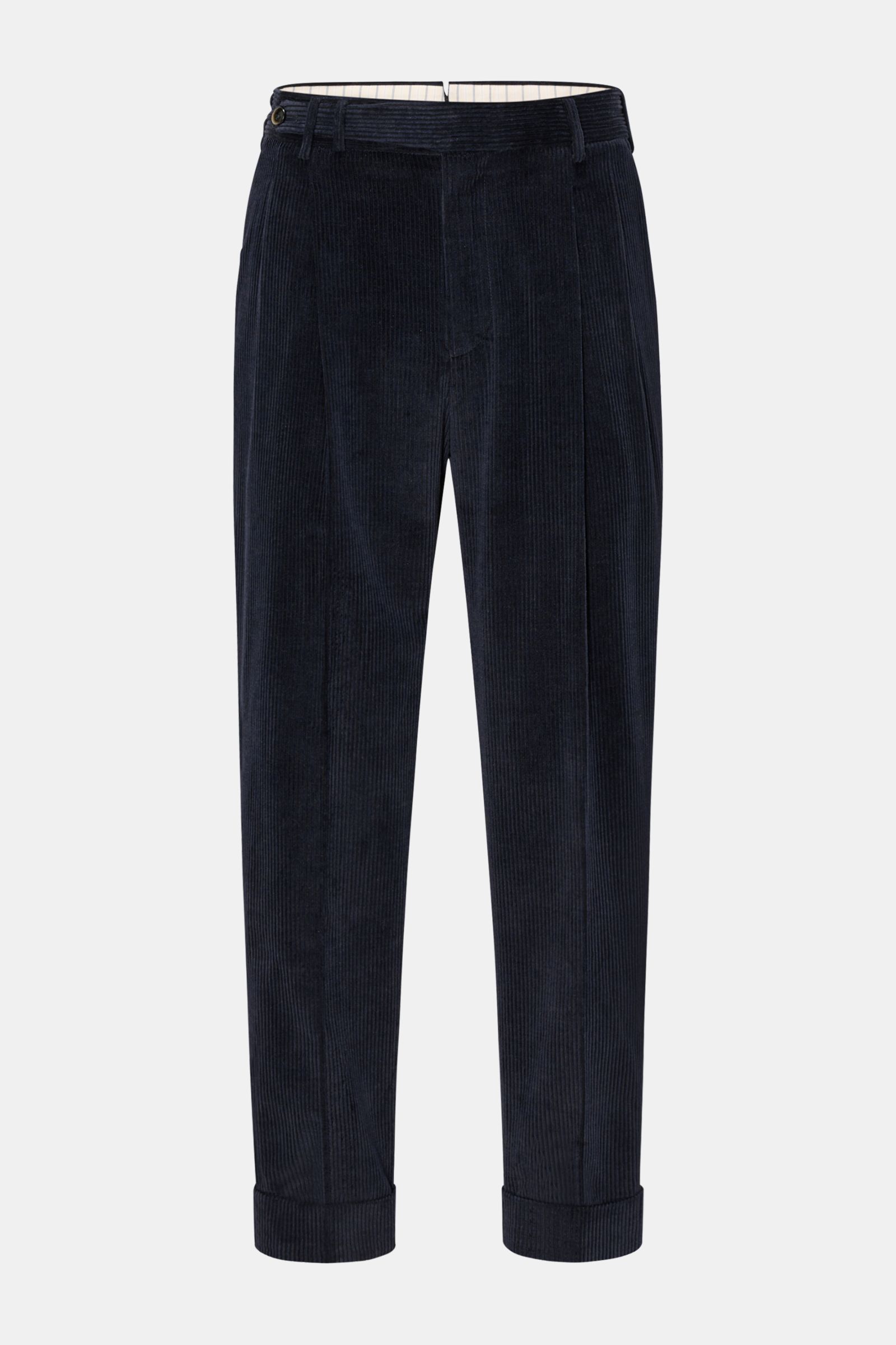 PT Torino Cordhose 'Carrot Fit' navy, knöchellang, mit Bundfalten, Knopfriegel, Uhrentasche, fixiertem Saumaufschlag, frontale Ansicht.