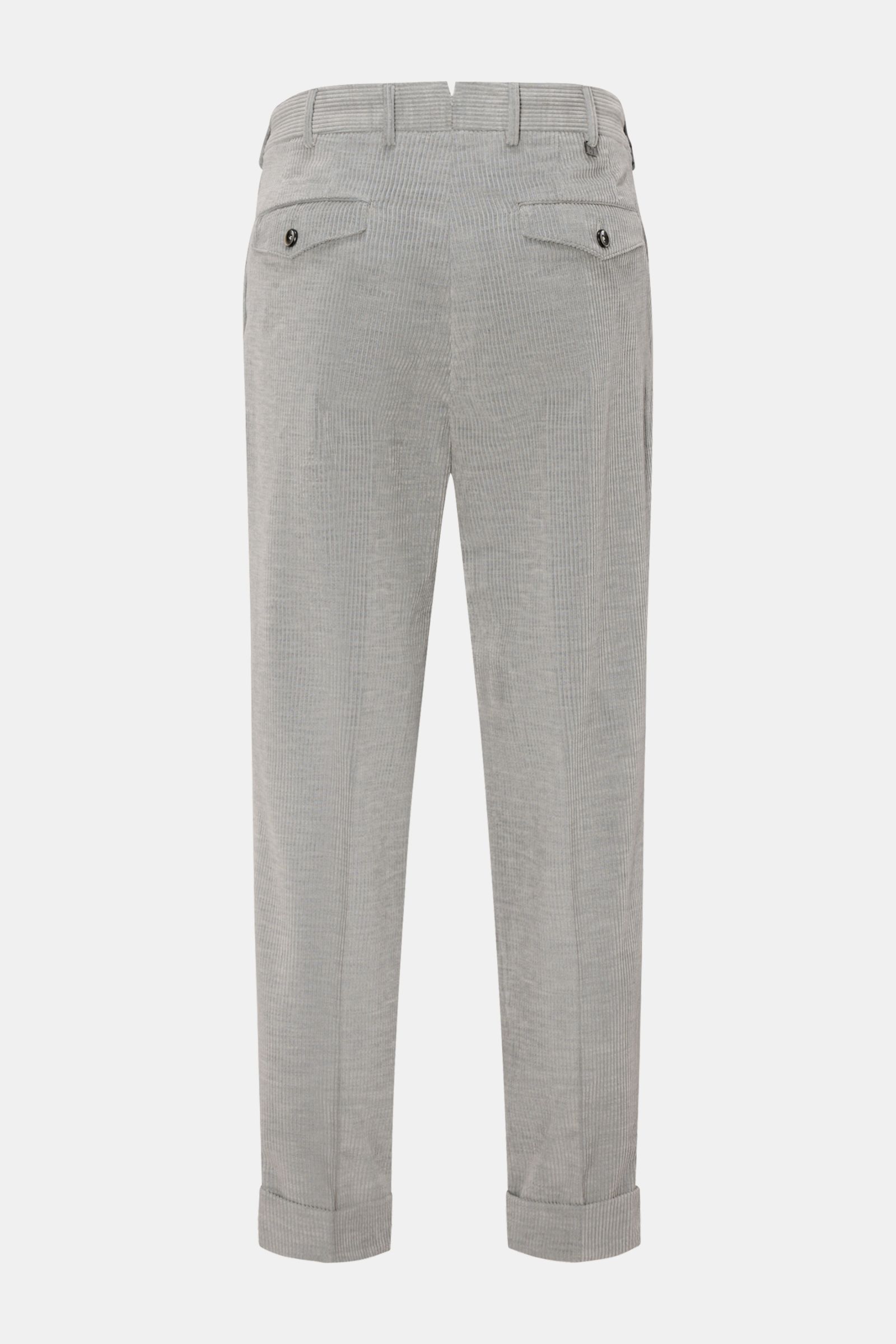 PT Torino Cordhose 'Carrot Fit' grau, knöchellang, schmal zulaufend, Baumwoll-Cord, Bundfalten, rückseitig mit Patten- und Knopftaschen, fixierter Saumaufschlag, Rückansicht.