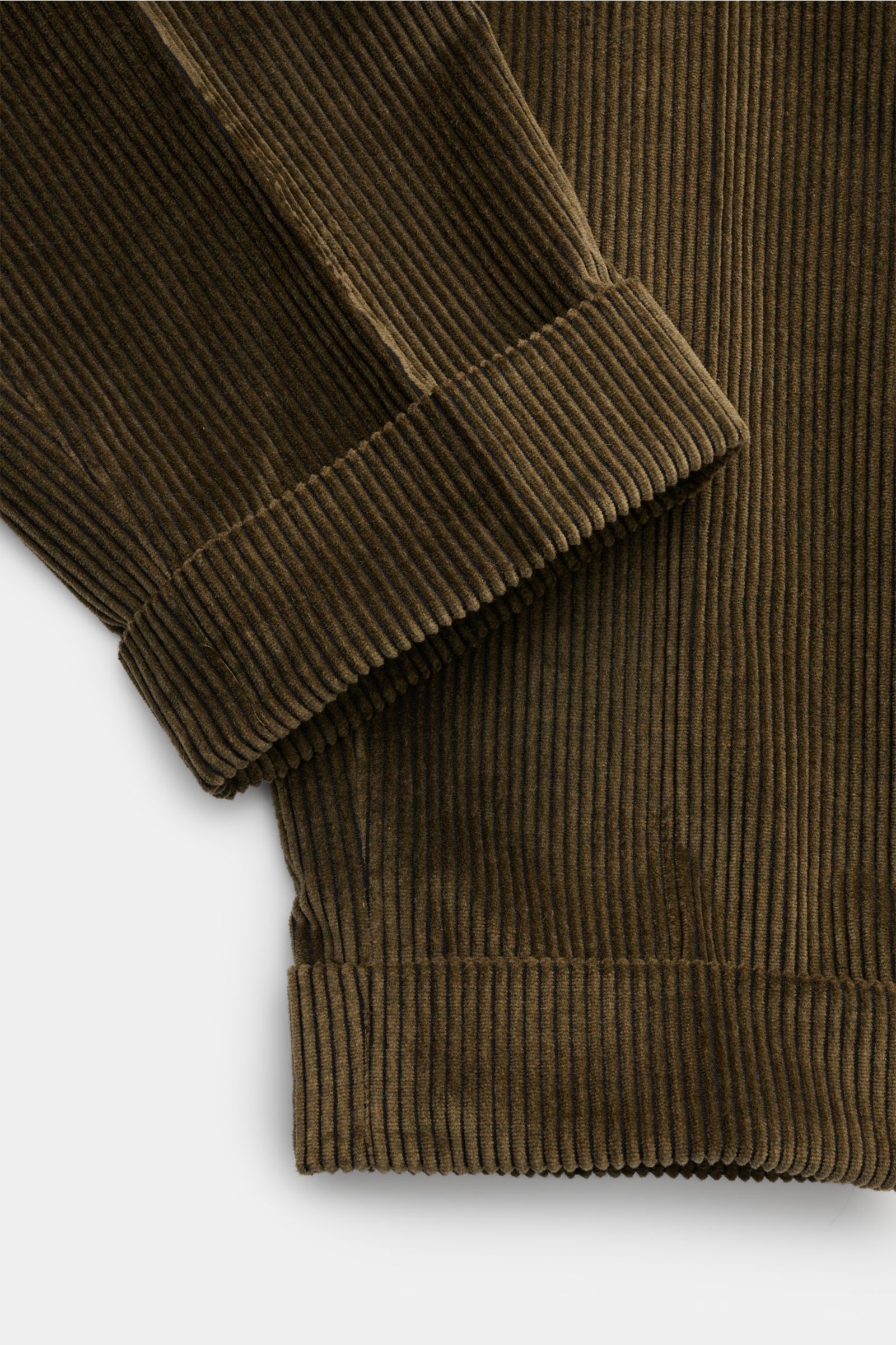 Nahaufnahme der PT Torino Cordhose 'Carrot Fit' dark olive aus Baumwollcord, Detailansicht von Bund, Umschlag und Bundfalten.