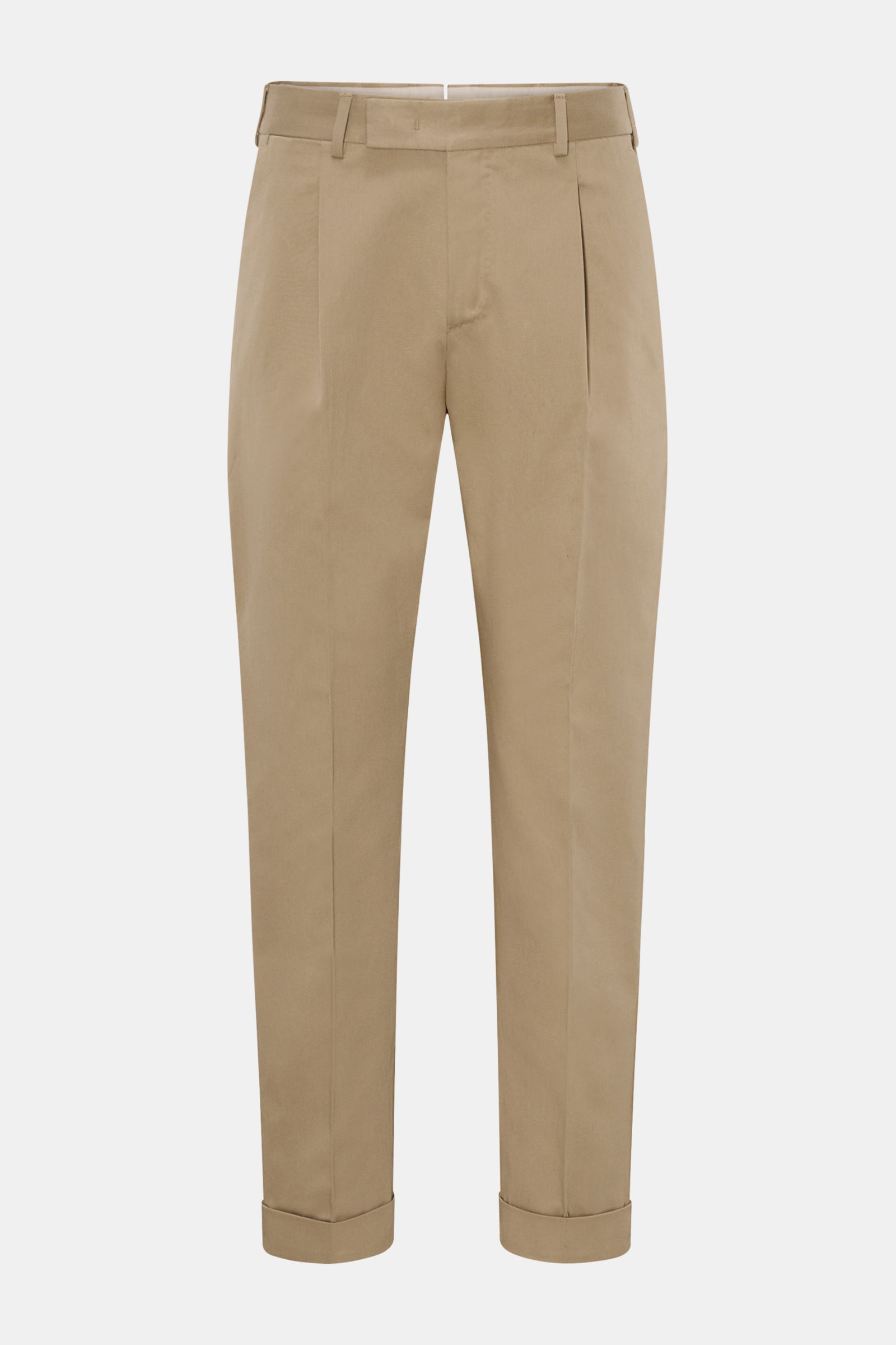 PT Torino Chino 'Rebel Fit' hellbraun, frontale Nahaufnahme, Twill aus reiner Baumwolle, leichter Griff, reguläre Oberschenkelweite, knöchellang, Reißverschluss, Bundhaken, einfache Bundfalte, kleine Uhrentasche, französische Taschen, Gesäßtaschen mit Pat