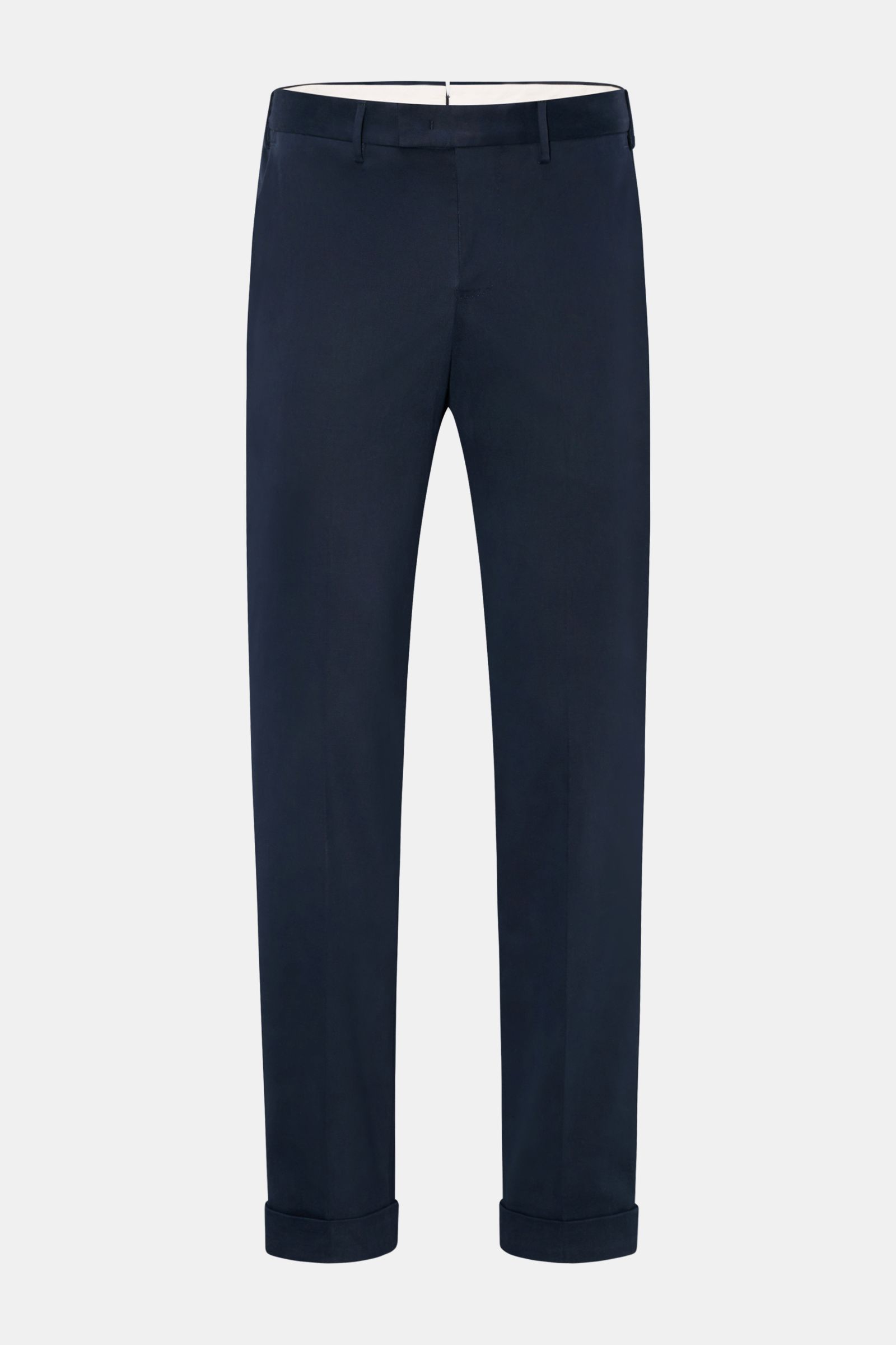 PT Torino Baumwollhose 'Master Fit' navy, frontale Ansicht, Slim Fit aus reiner Baumwoll-Gabardine mit leichtem Stretch, fixiertem Saumaufschlag, französischen Taschen und geknöpften Gesäßpatten.