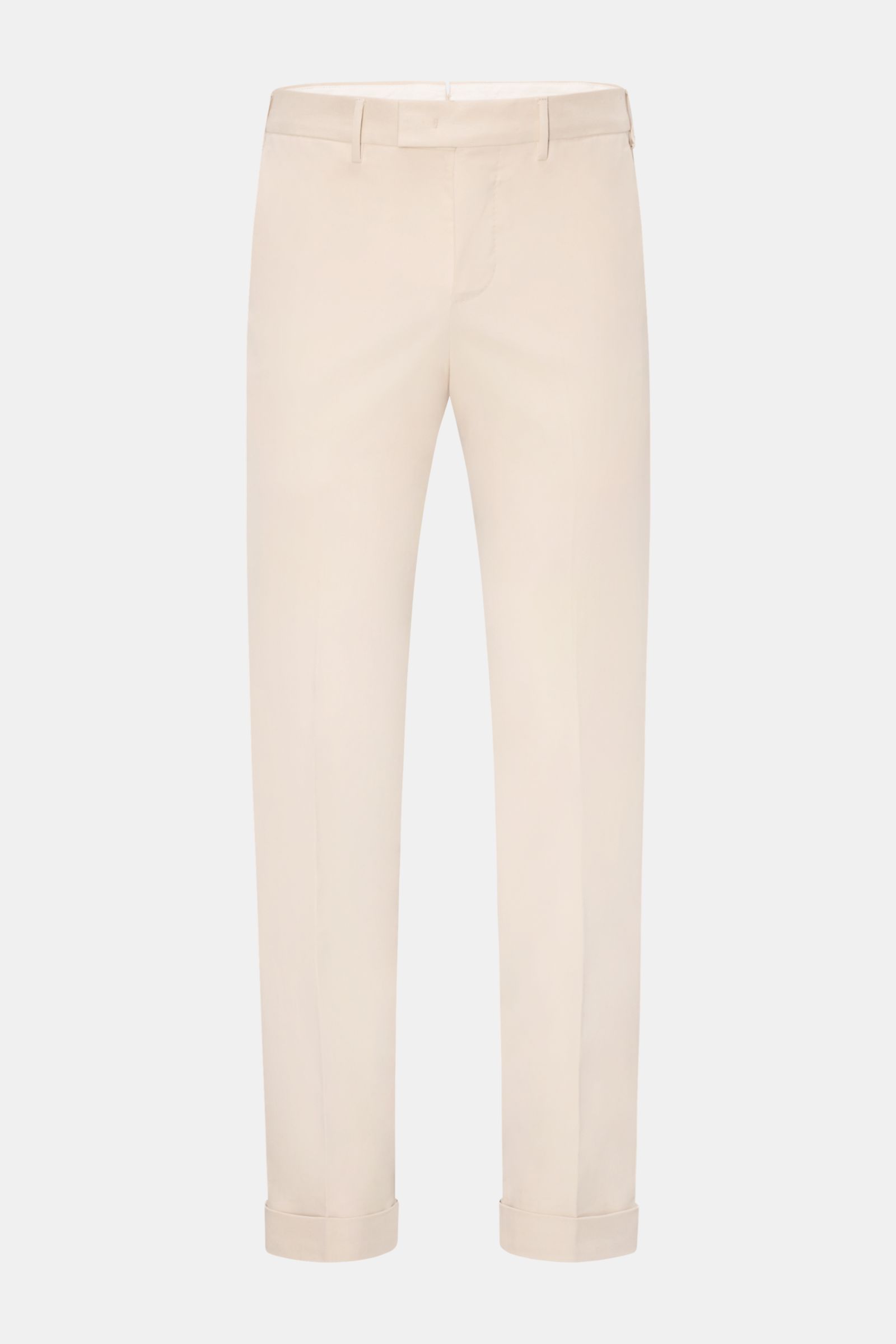 Front view of PT Torino Cotton trousers 'Master Fit' sand, stylish all-rounder in brushed cotton with slight stretch, soft feel, slim fit, very tapered cut, fixed hem turn-up, French pockets, and back pockets with concealed button flap. Features zip and h