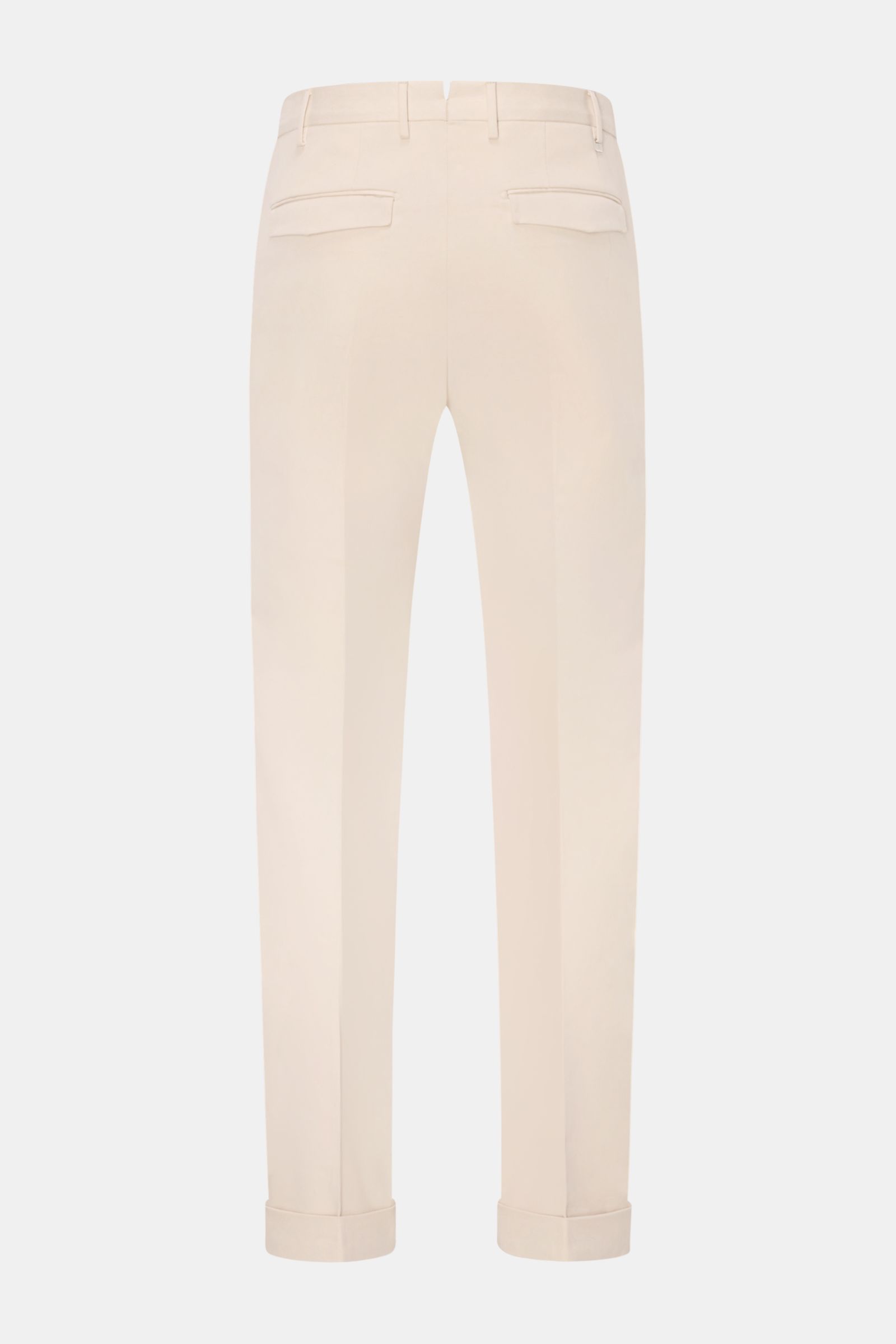 PT Torino Cotton trousers 'Master Fit' sand shown from the back, made of pure cotton gabardine with slight stretch, soft feel, slim fit, very tapered cut, fixed hem turn-up, French pockets, and back pockets with concealed button flap, featuring a zip and 