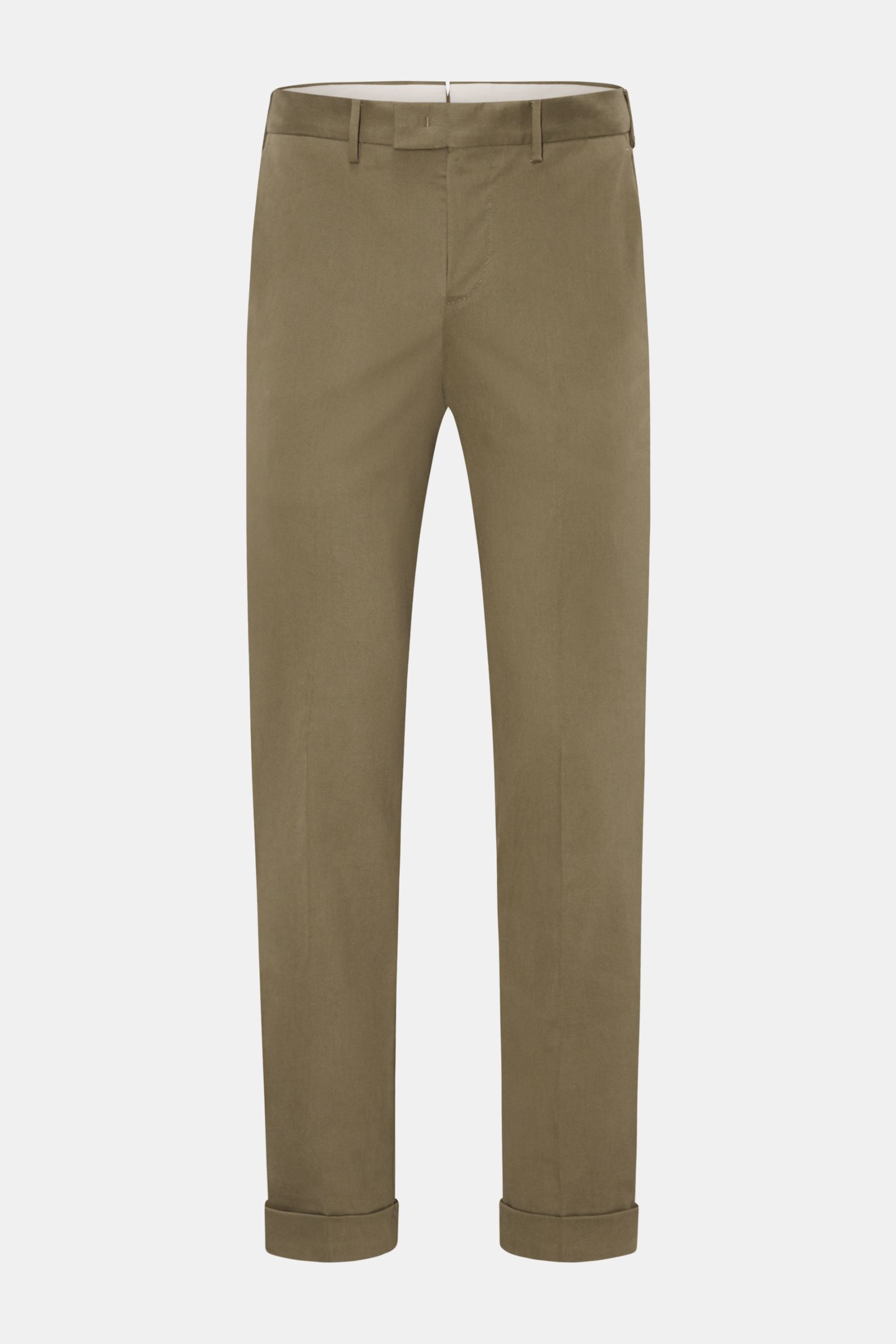 PT Torino Baumwollhose 'Master Fit' oliv, frontale Nahaufnahme, Slim Fit mit fixiertem Saumaufschlag, französische Taschen, weicher Griff, leichter Stretch.