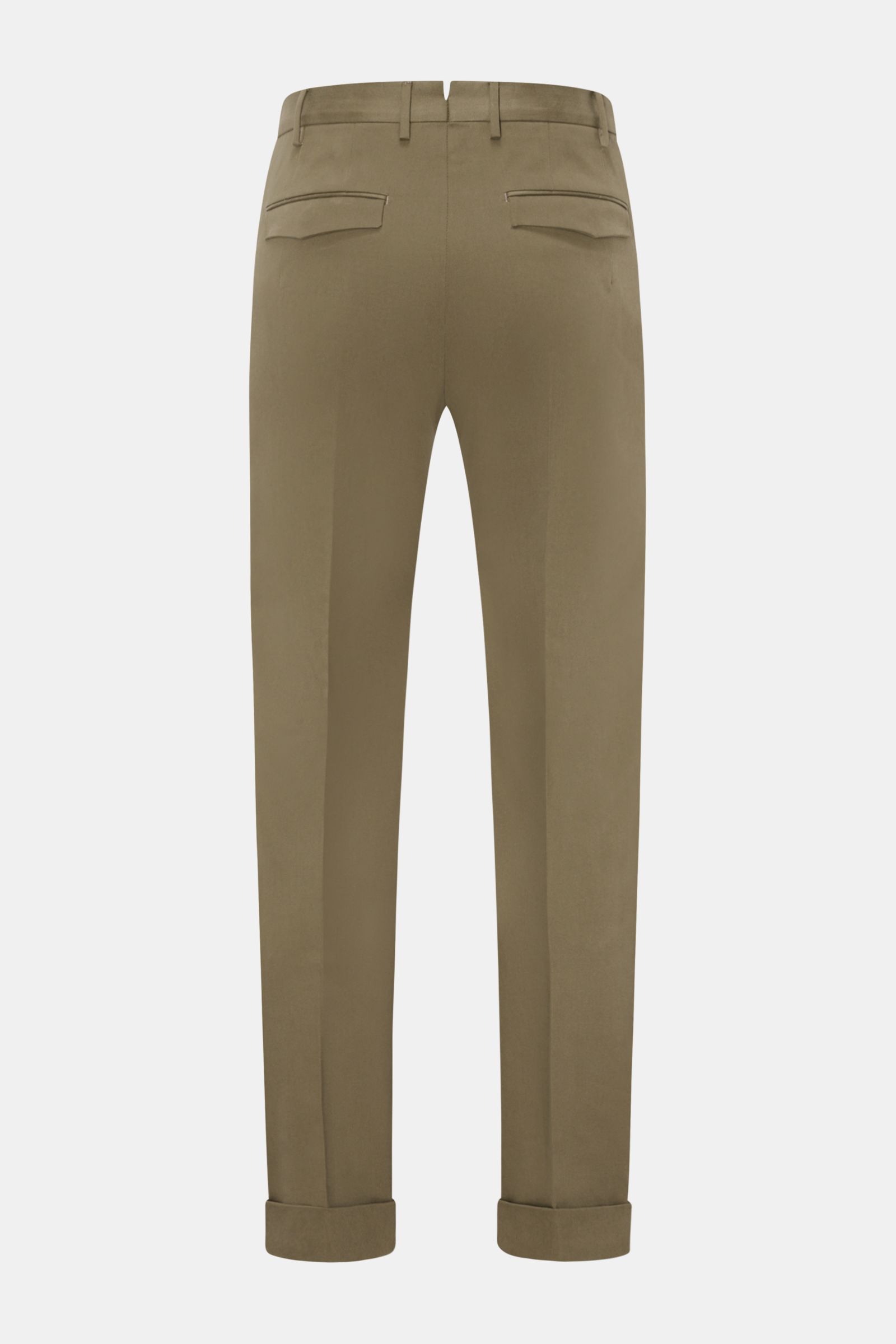 PT Torino Baumwollhose 'Master Fit' oliv, Rückansicht, Slim Fit, gebürstete Baumwolle, fixierter Saumaufschlag, französische Taschen, geknöpfte Patten.