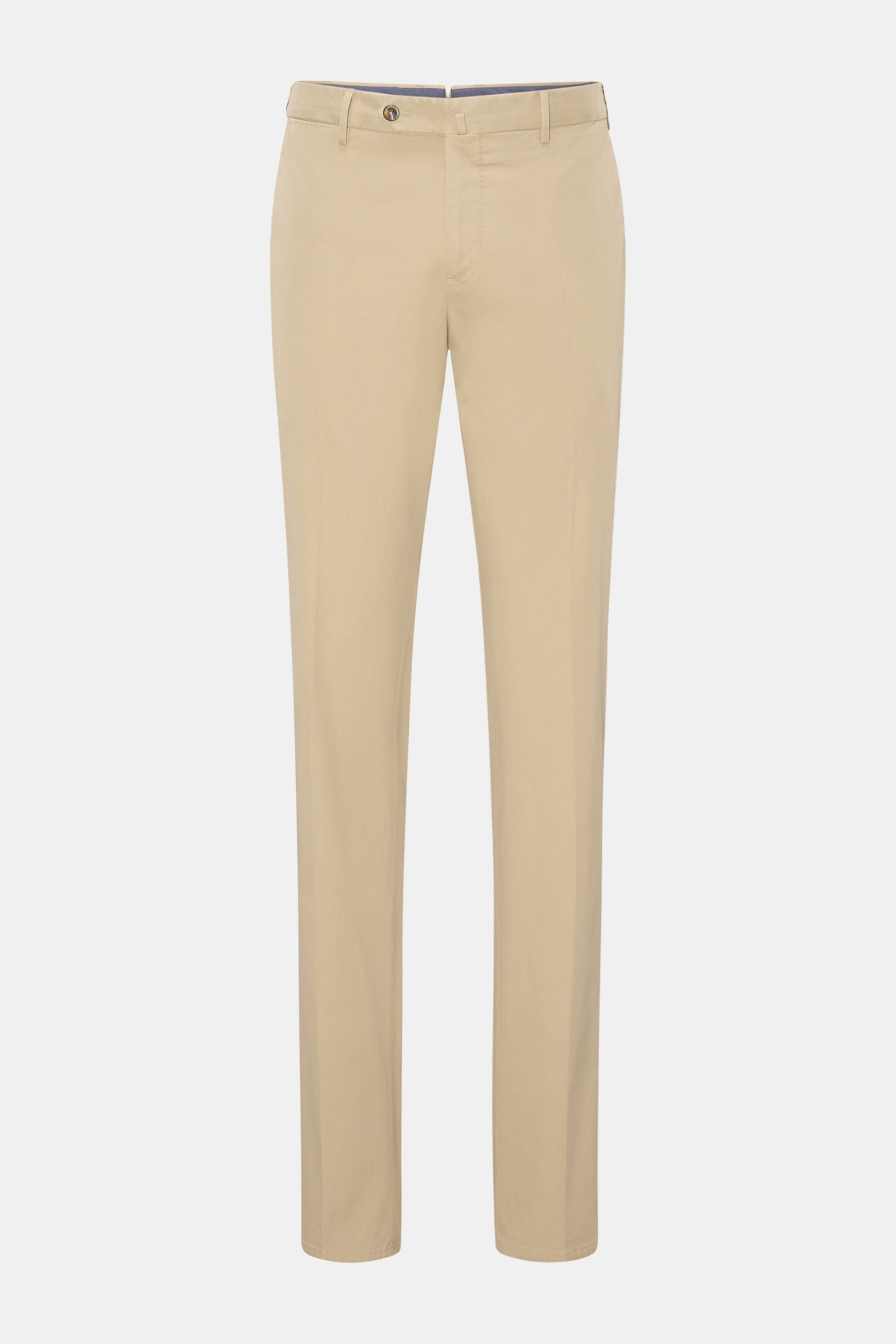 PT Torino Chino 'Slim Fit' beige aus Baumwoll-Twill mit leichtem Stretch, schmal zulaufend, Reißverschluss, Bundknöpfen, französischen Taschen, Uhrentasche, paspelierte Gesäßtaschen mit Knopf, Frontansicht.