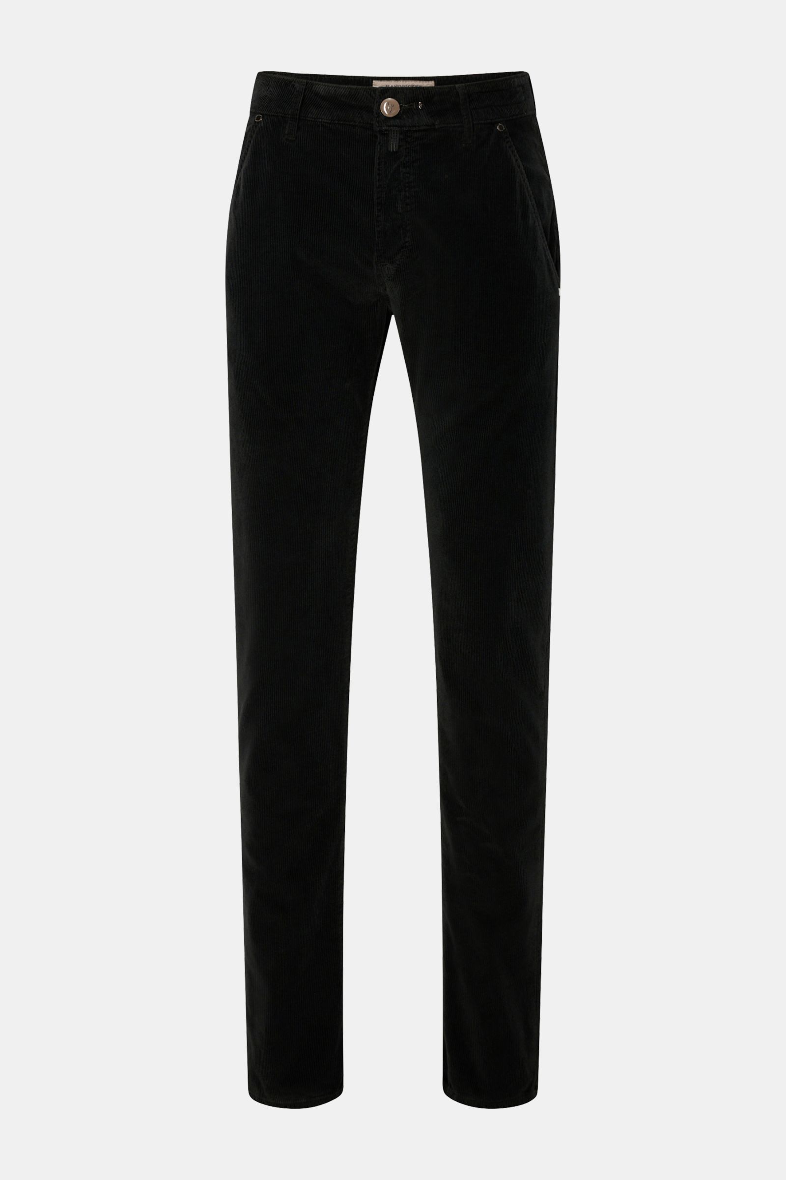 HandPicked Cordhose 'Parma' schwarz, slim Fit Cordhose aus Baumwolle/Modal, schmal zulaufend, Button Fly, französische Taschen, Vorderansicht.