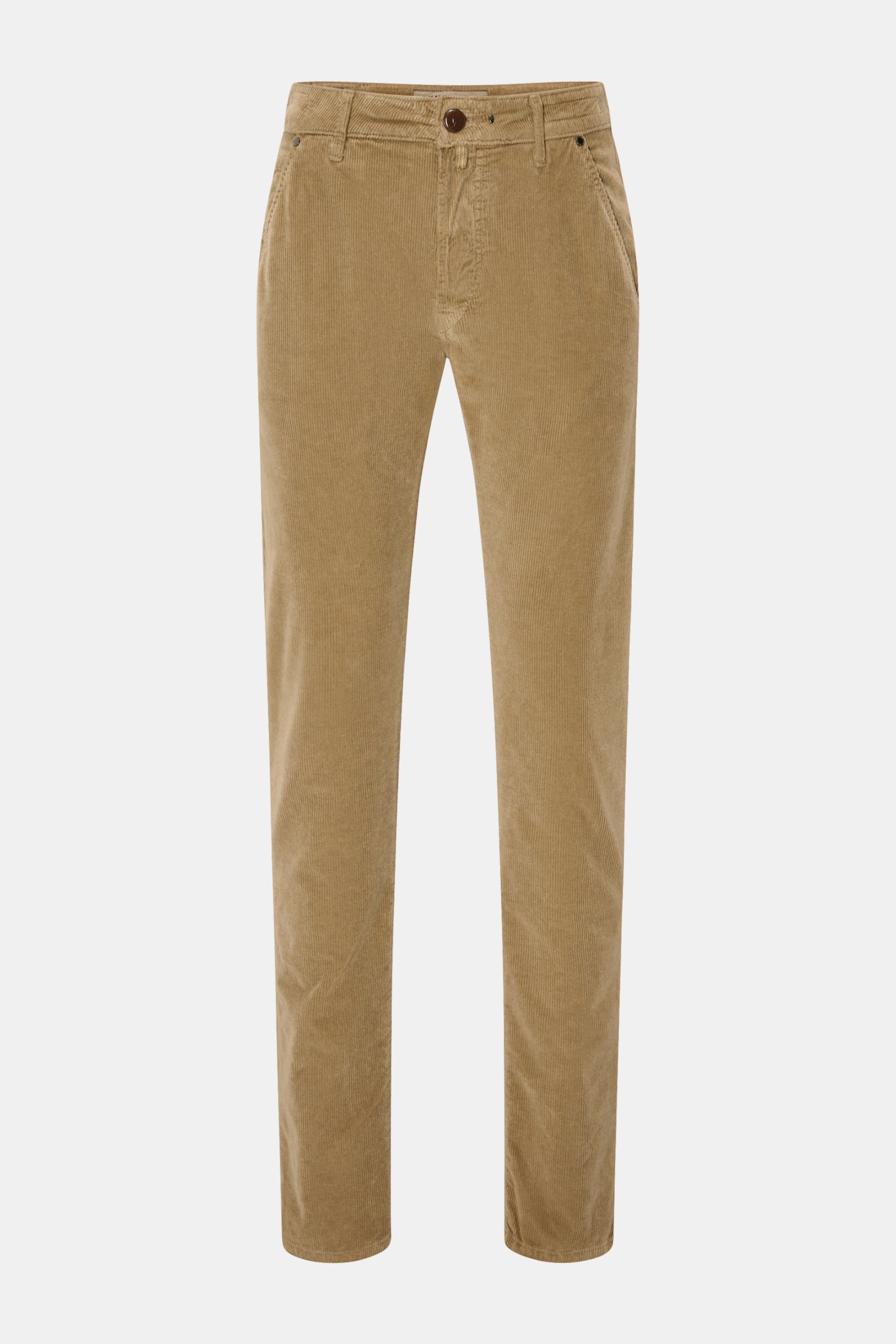 HandPicked Cordhose 'Parma' beige, Slim Fit Cordhose aus Baumwolle und Modal, schmal zulaufend, Button Fly, französische Taschen, Frontansicht.