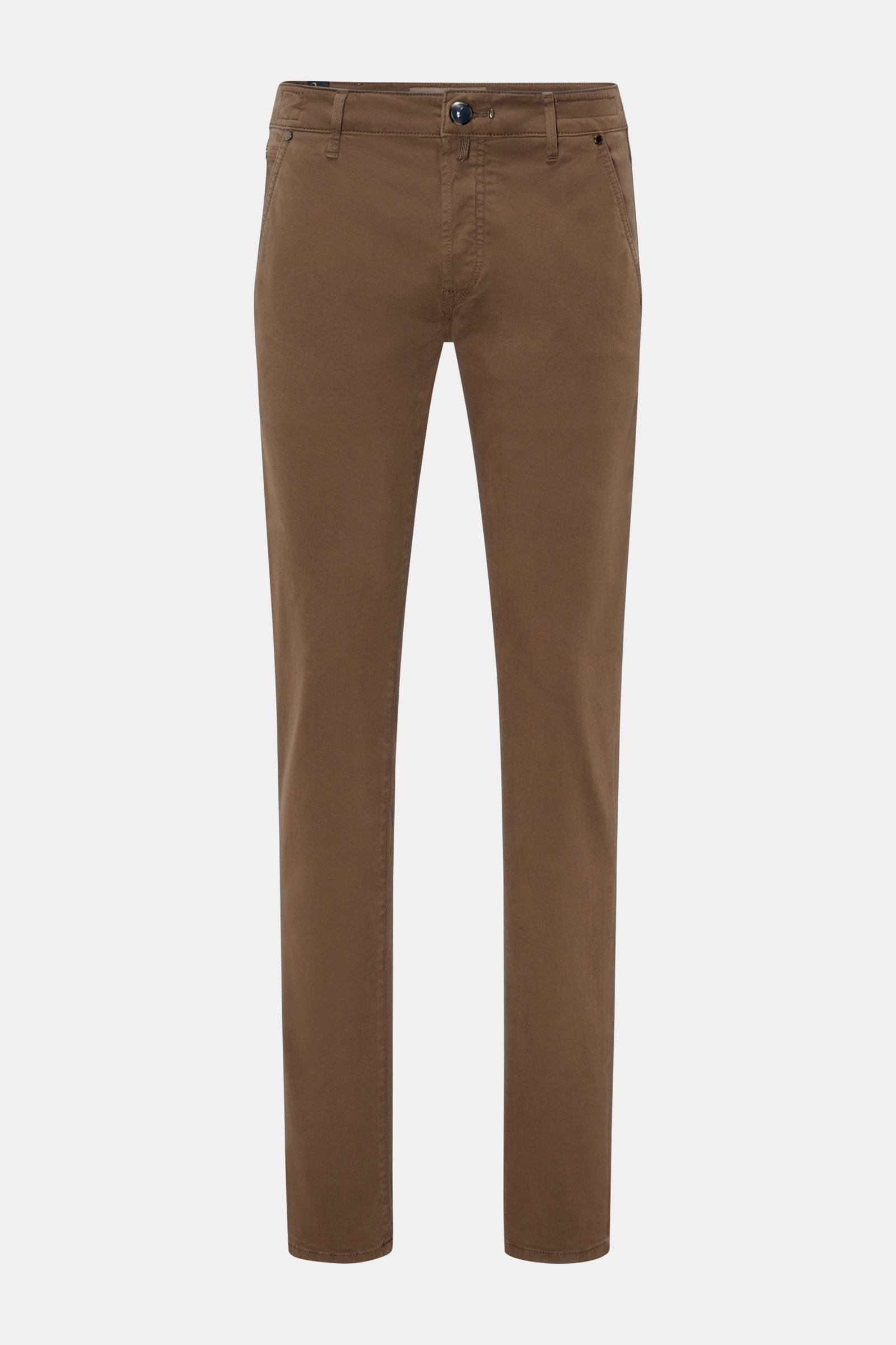 Front view of HandPicked Chinos 'Parma' brown in cotton twill, slim fit with very tapered cut, slightly elasticated soft fabric, button fly, French pockets, coin pocket with initial, back pockets with stitching, and leather patch in pony skin look.