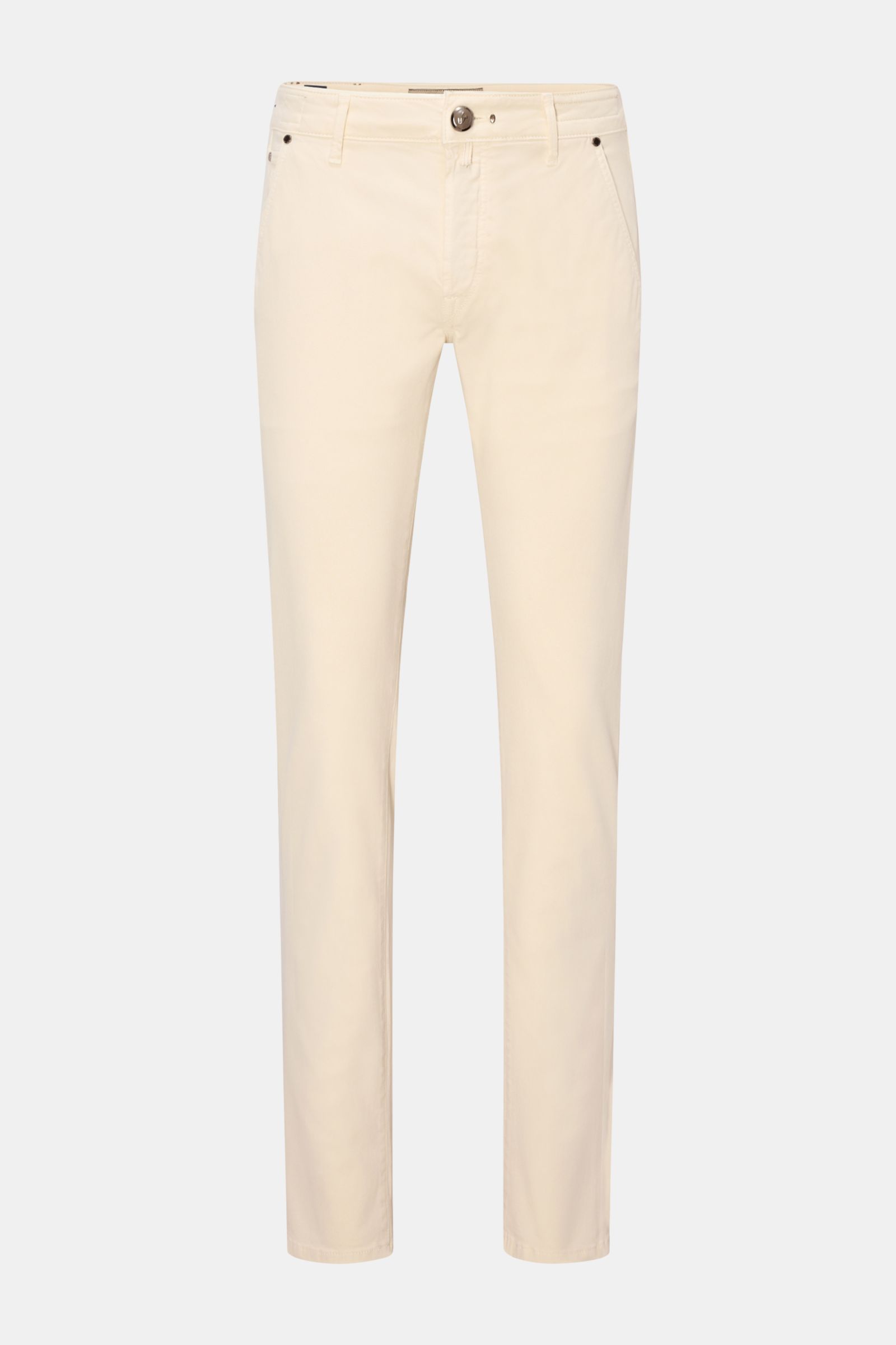 Front view of HandPicked Chinos 'Parma' cream in cotton twill with slightly elasticated fabric, soft feel, slim fit, very tapered cut, button fly, French pockets, coin pocket with initial, back pockets with stitching, and leather patch in pony skin look.