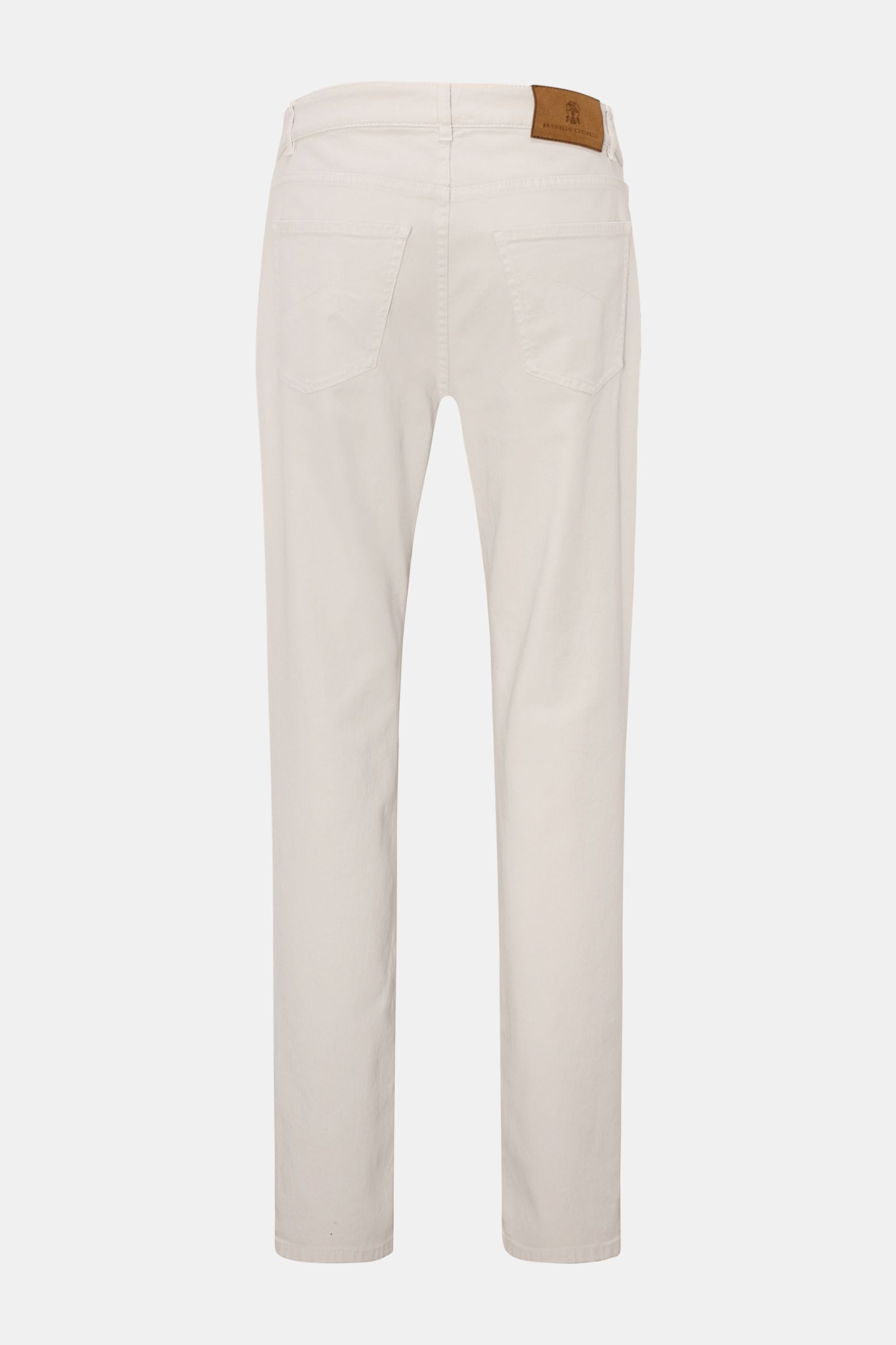 Brunello Cucinelli Jeans 'Traditional Fit' sand, Rückansicht, leichte Baumwolle, Five-Pocket-Stil, Button Fly, Münztasche mit Logo, Lederpatch.