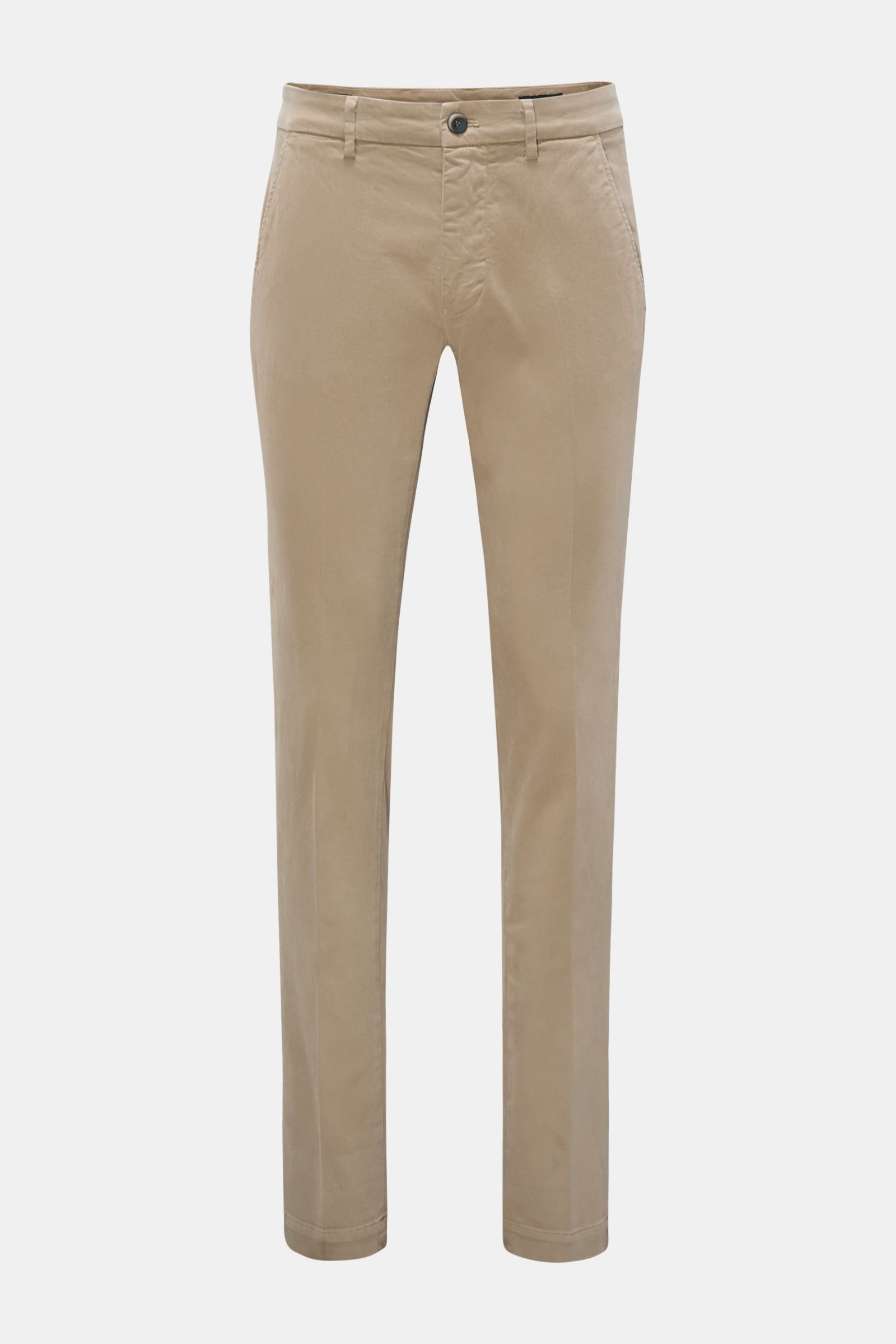 Front view of Mason's Chino 'Torino Style' taupe pants in twill cotton, slim fit, low waist, soft touch, garment dyed, slightly stretchy with zip fly, button, French pockets, and welt back pockets with button.