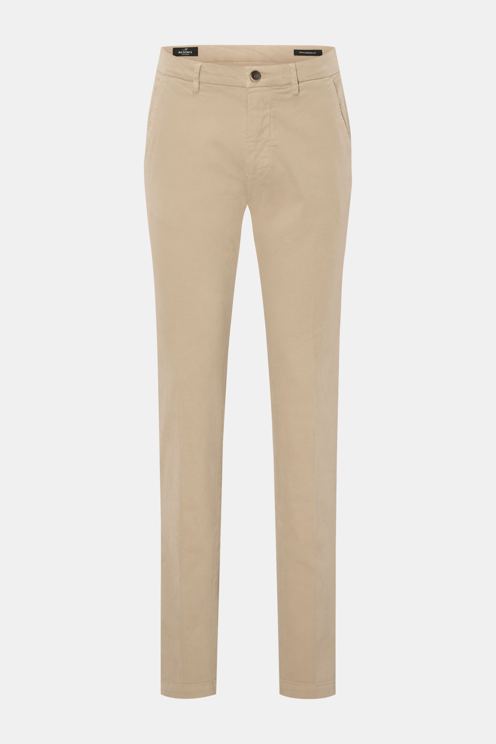 Mason's Chino 'Torino Style' beige, Frontansicht, Twill aus Baumwolle, leicht elastisch, weicher Griff, garment dyed, Slim Fit, niedrige Bundhöhe, schmal zulaufend, Zip Fly, Bundknopf, französische Taschen, paspelierte Gesäßtaschen mit Knopf.