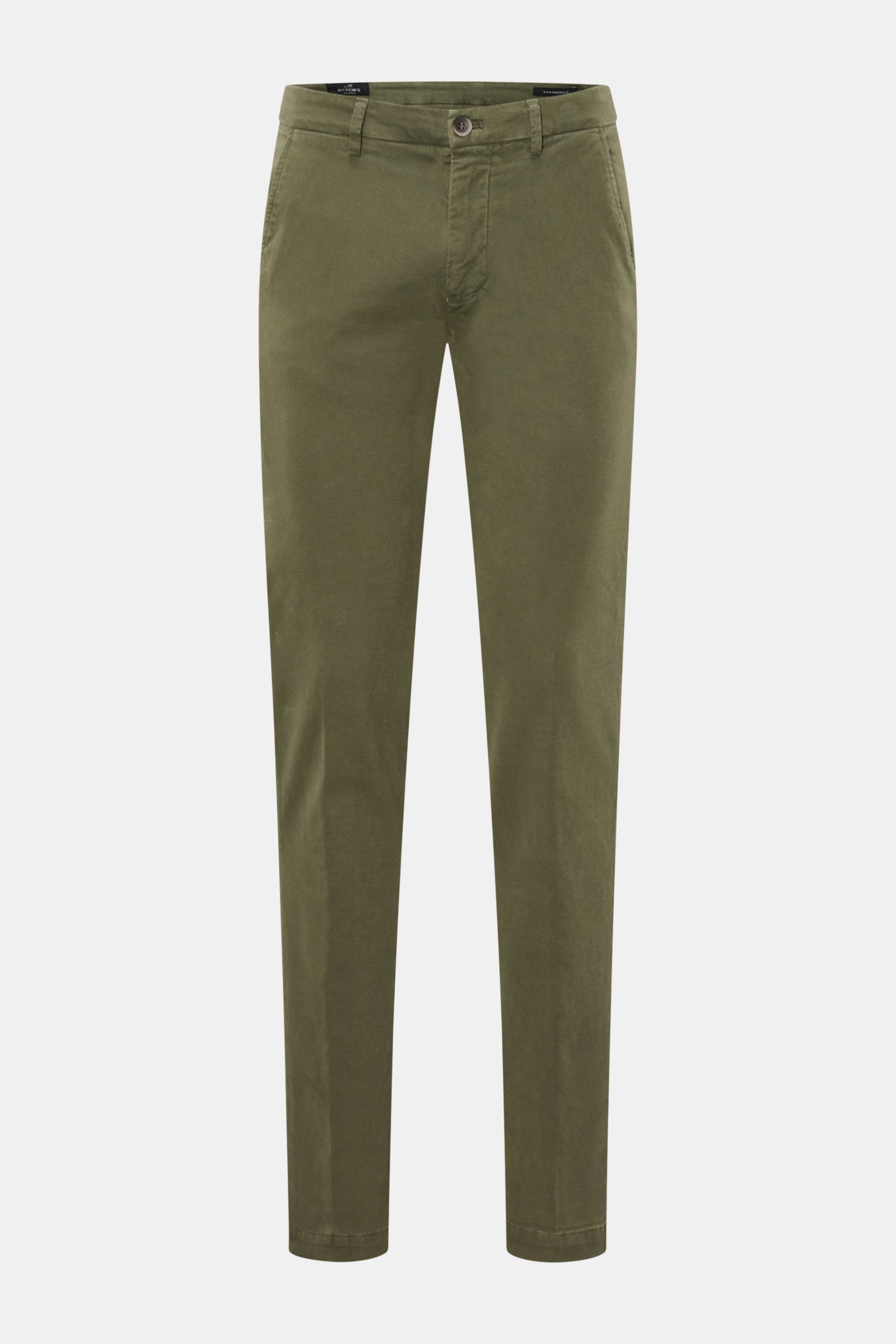 Mason's Chino 'Torino Style' graugrün aus Twill-Baumwolle, Slim Fit, niedrige Bundhöhe, schmal zulaufend, Zip Fly, Bundknopf, französische Taschen, paspelierte Gesäßtaschen mit Knopf, weicher Griff, garment dyed, leicht elastisch, Frontansicht.