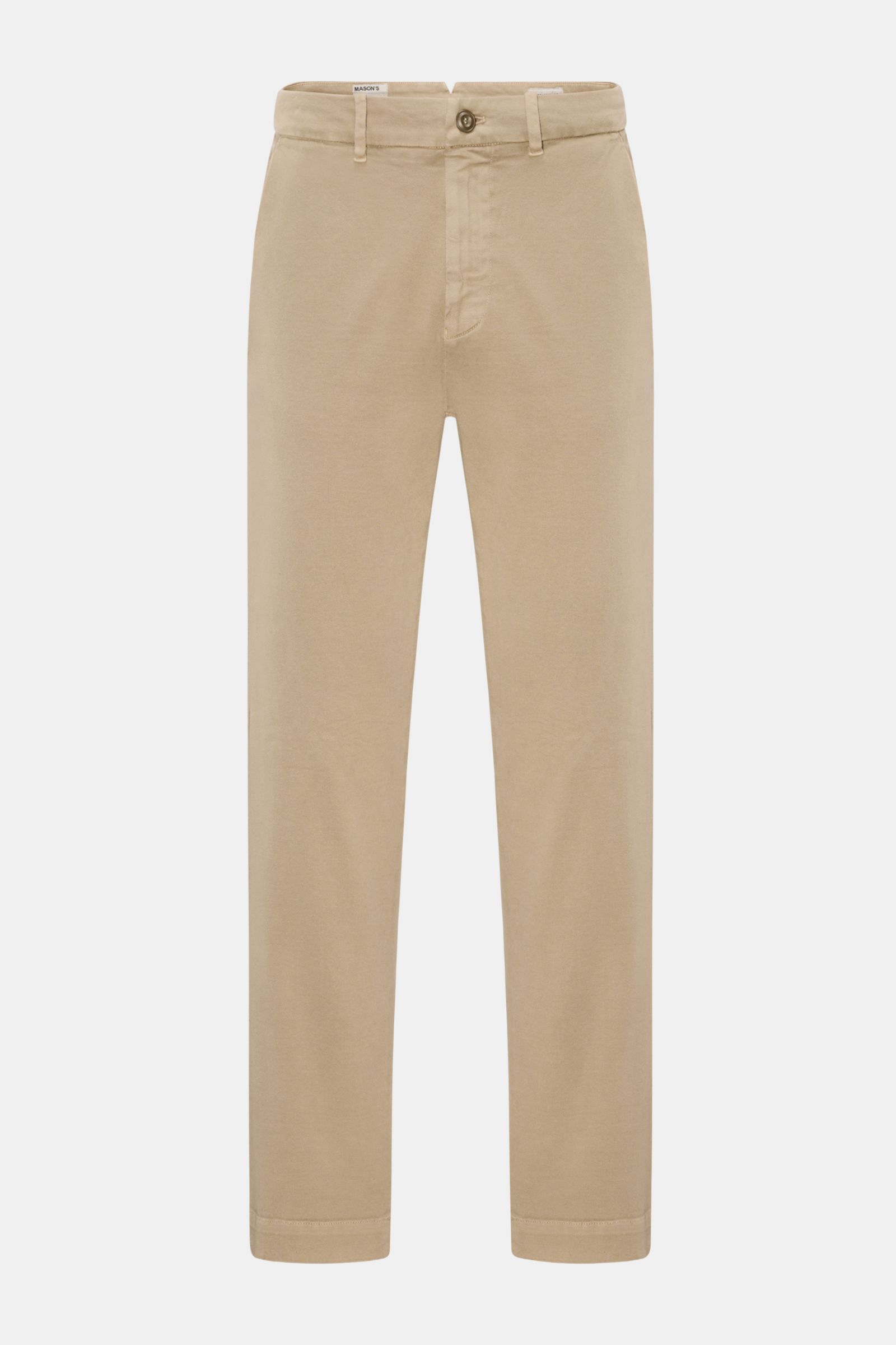 Mason's Chino 'Boston Style' taupe, frontale Ansicht, Twill aus Baumwolle, leicht elastisch, weicher Griff, garment dyed, Regular Fit, schmal zulaufend, Zip Fly, Bundknopf, französische Taschen, Münztasche, Gesäßtaschen mit geknöpfter Patte.