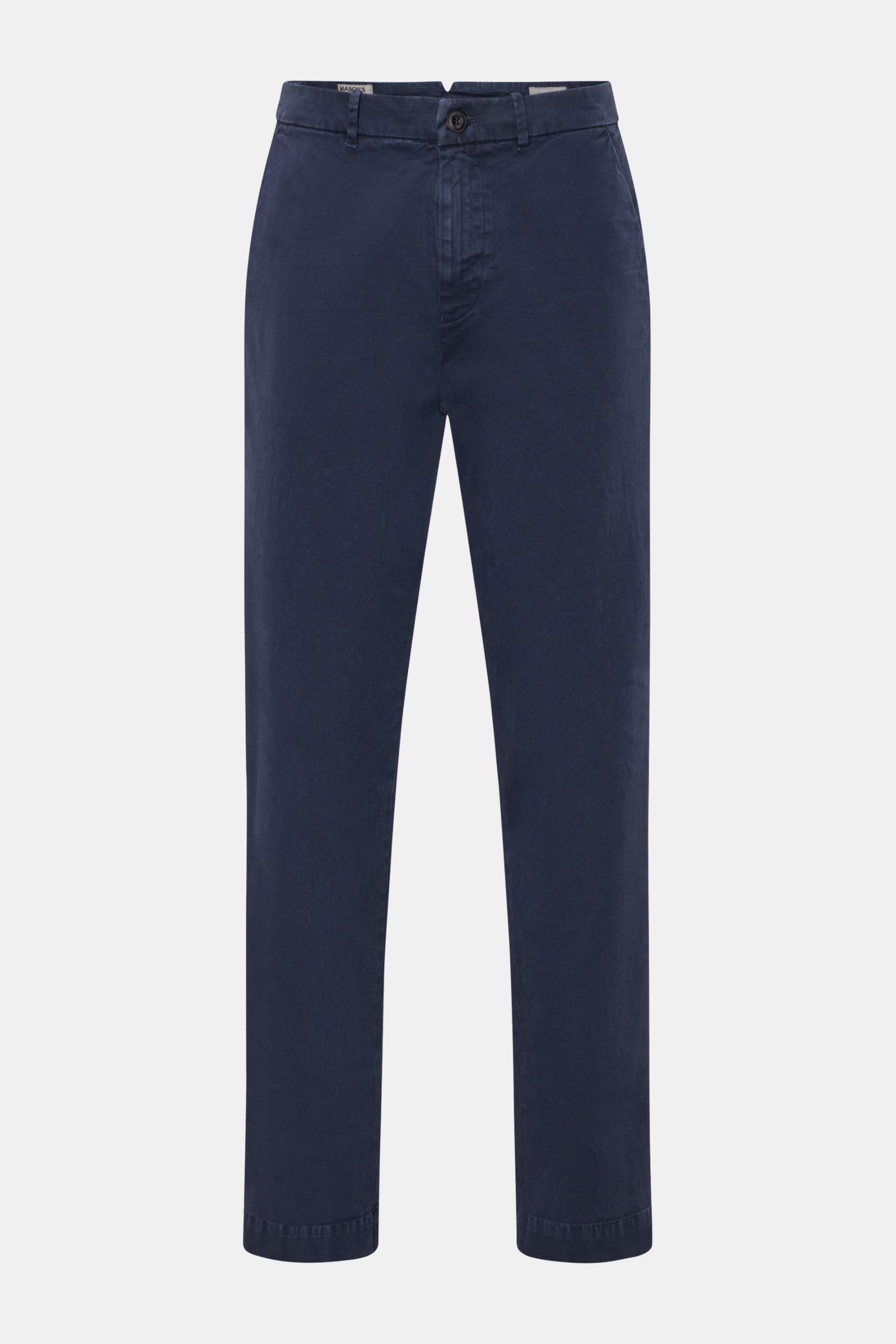 Front view of Mason's Chino 'Boston Style' navy pants made of twill cotton, lightly elastic, soft touch, garment dyed, Regular Fit, tapered, zip fly and button, French pockets, coin pocket, back pockets with buttoned flap.