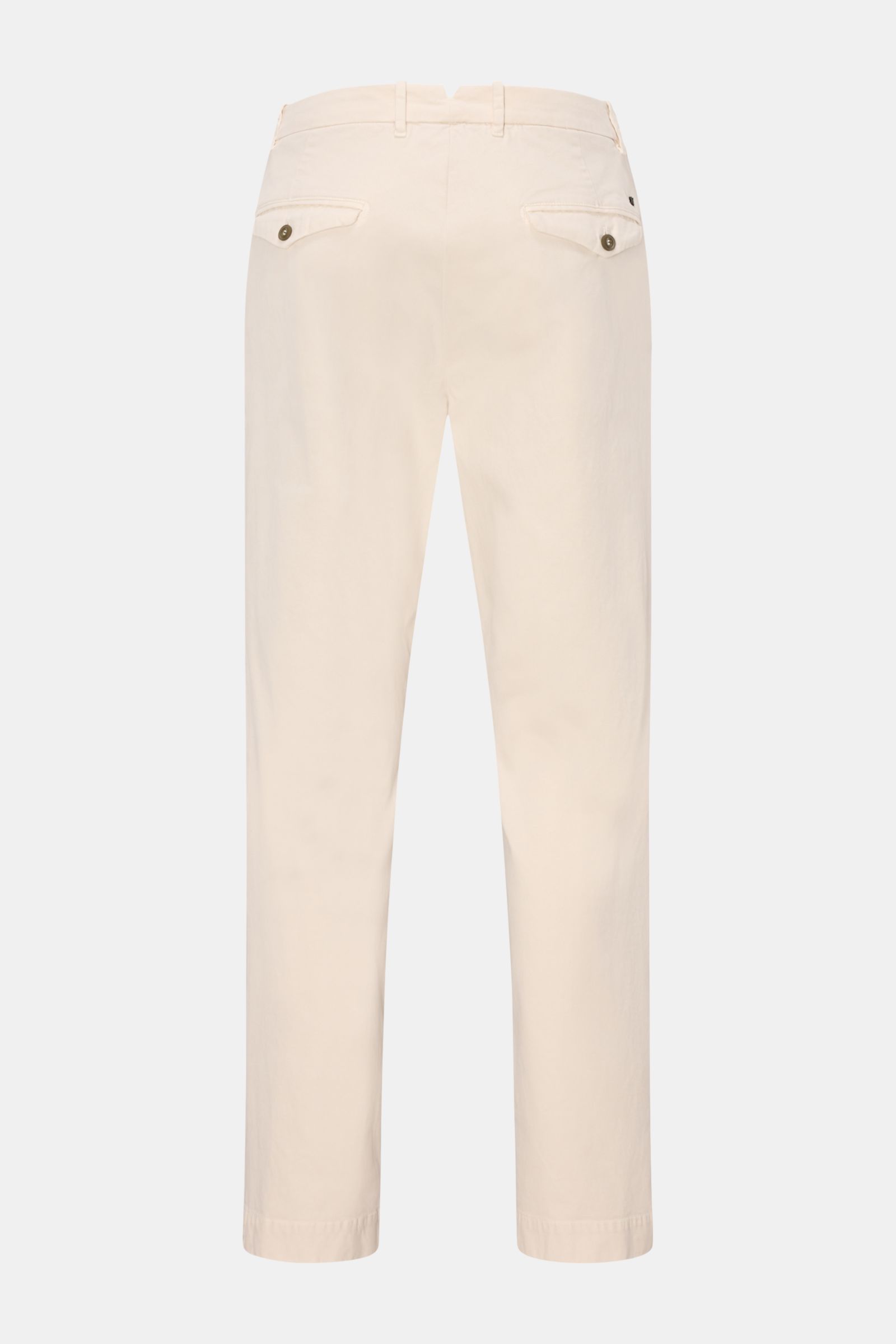 Mason's Chino 'Boston Style' sand shown from the back, twill cotton, lightly elastic, soft touch, garment dyed, Regular Fit, tapered, zip fly, button, French pockets, coin pocket, buttoned flap back pockets.