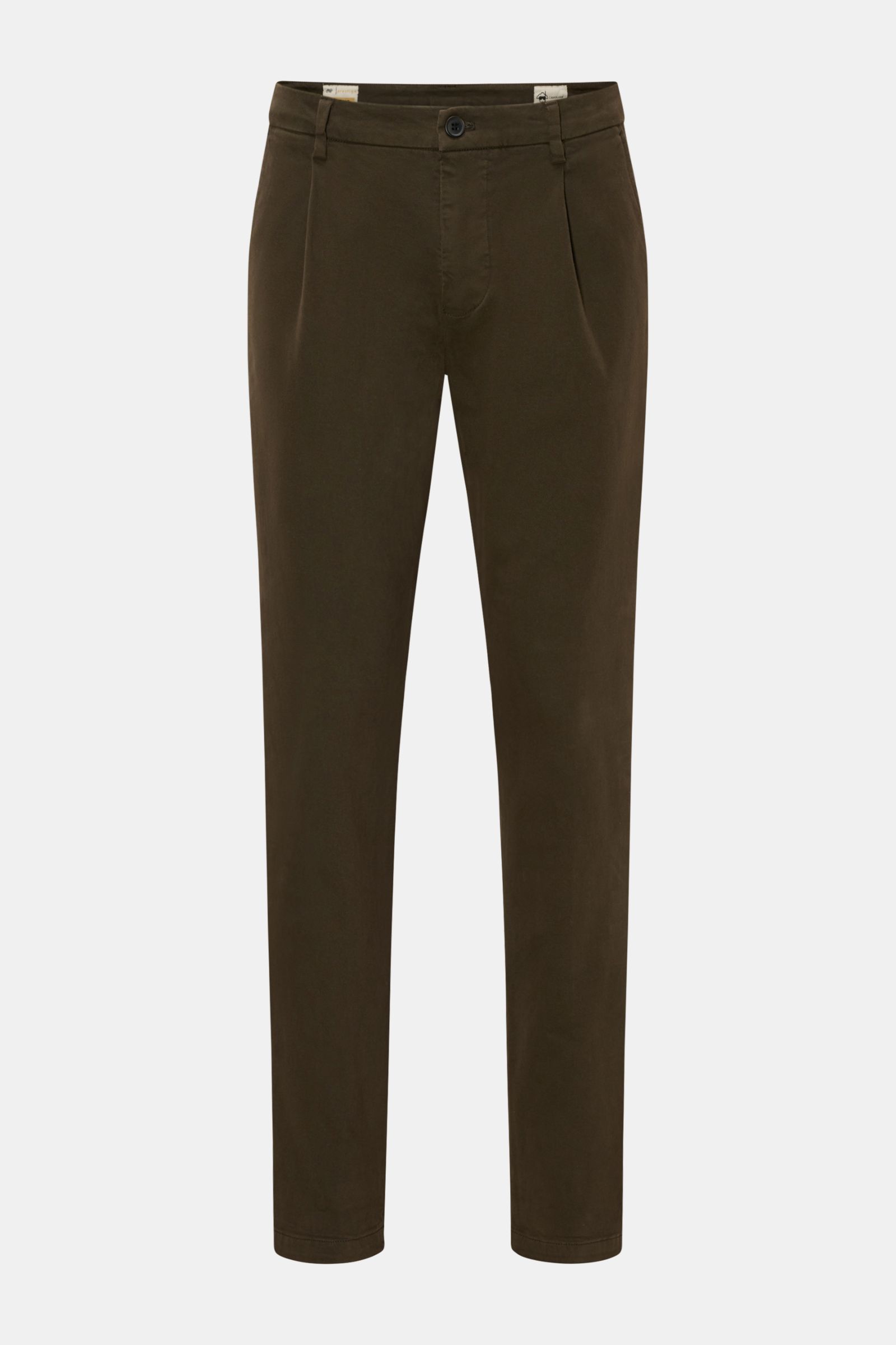 Mason's Chino 'Osaka Style' khaki, frontal fotografiert, Twill aus Baumwolle und Wolle, leicht elastisch, weicher Griff, garment dyed, Regular Fit, sehr schmal zulaufend, Zip Fly, Bundknopf, französische Taschen, einfache Bundfalte, paspelierte Gesäßtasch