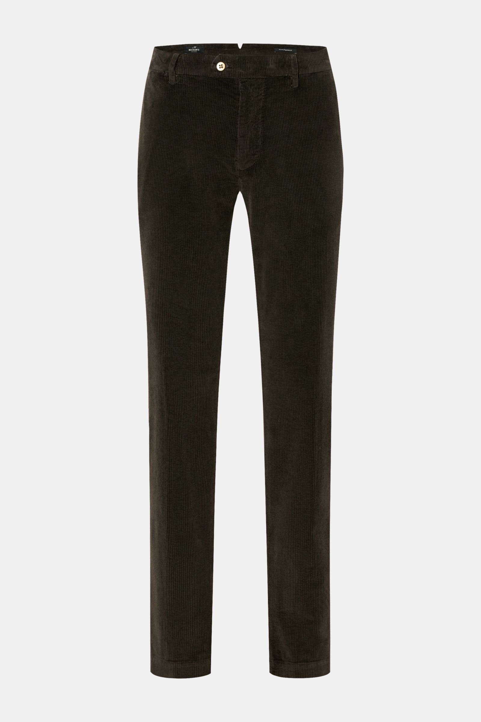Mason's Cordhose 'New York Style' dunkelbraun, slim fit Cordhose aus Baumwolle und Lyocell, schmal zulaufend, mit Reißverschluss, Bundknopf, französischen Taschen, paspelierten Gesäßtaschen mit Knopf, Metallinitial, Frontansicht.