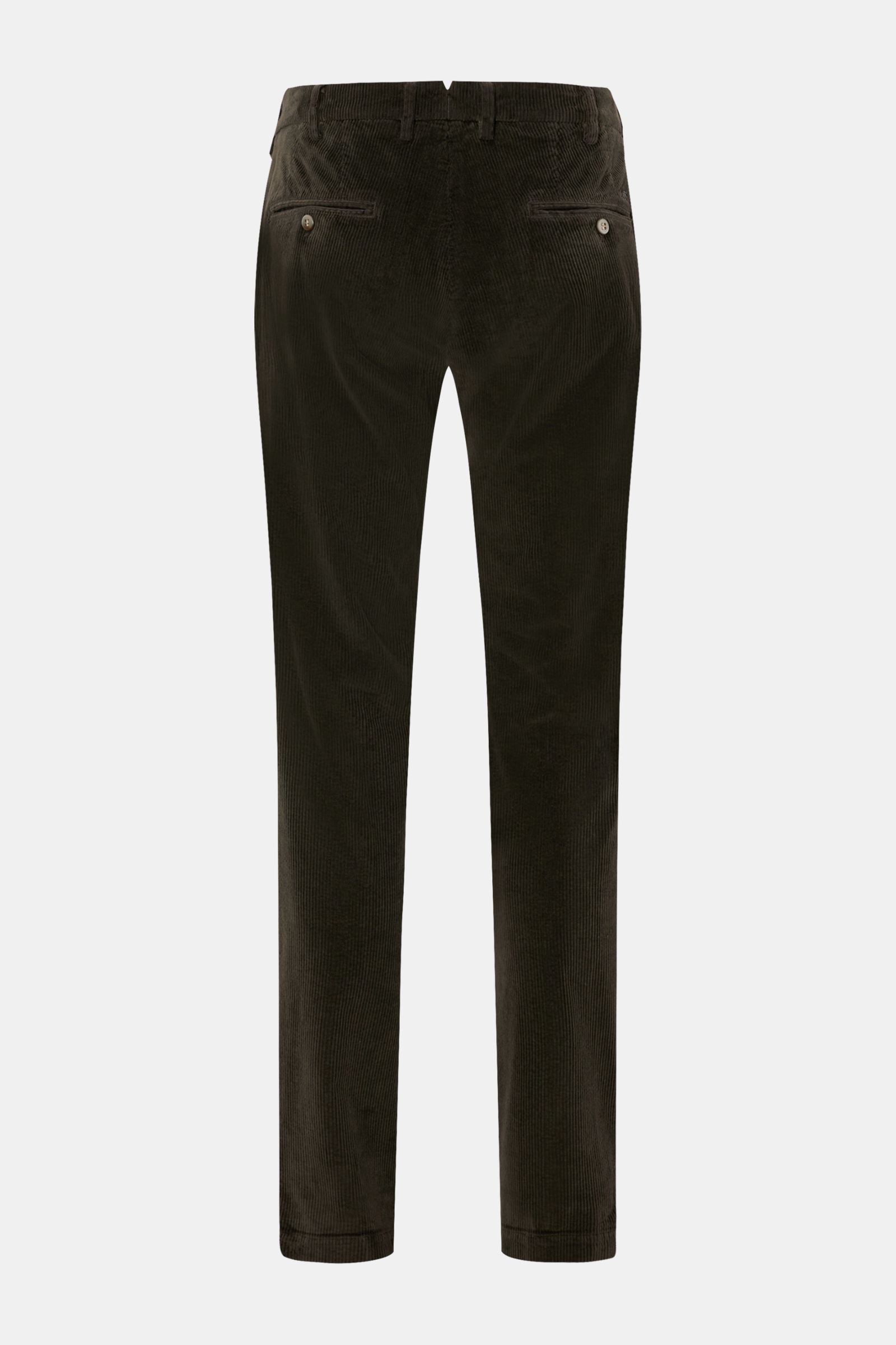 Mason's Cordhose 'New York Style' dunkelbraun aus Baumwollcord mit Lyocell, Slim Fit, schmal zulaufend, Rückansicht mit französischen Taschen und Metallinitial.