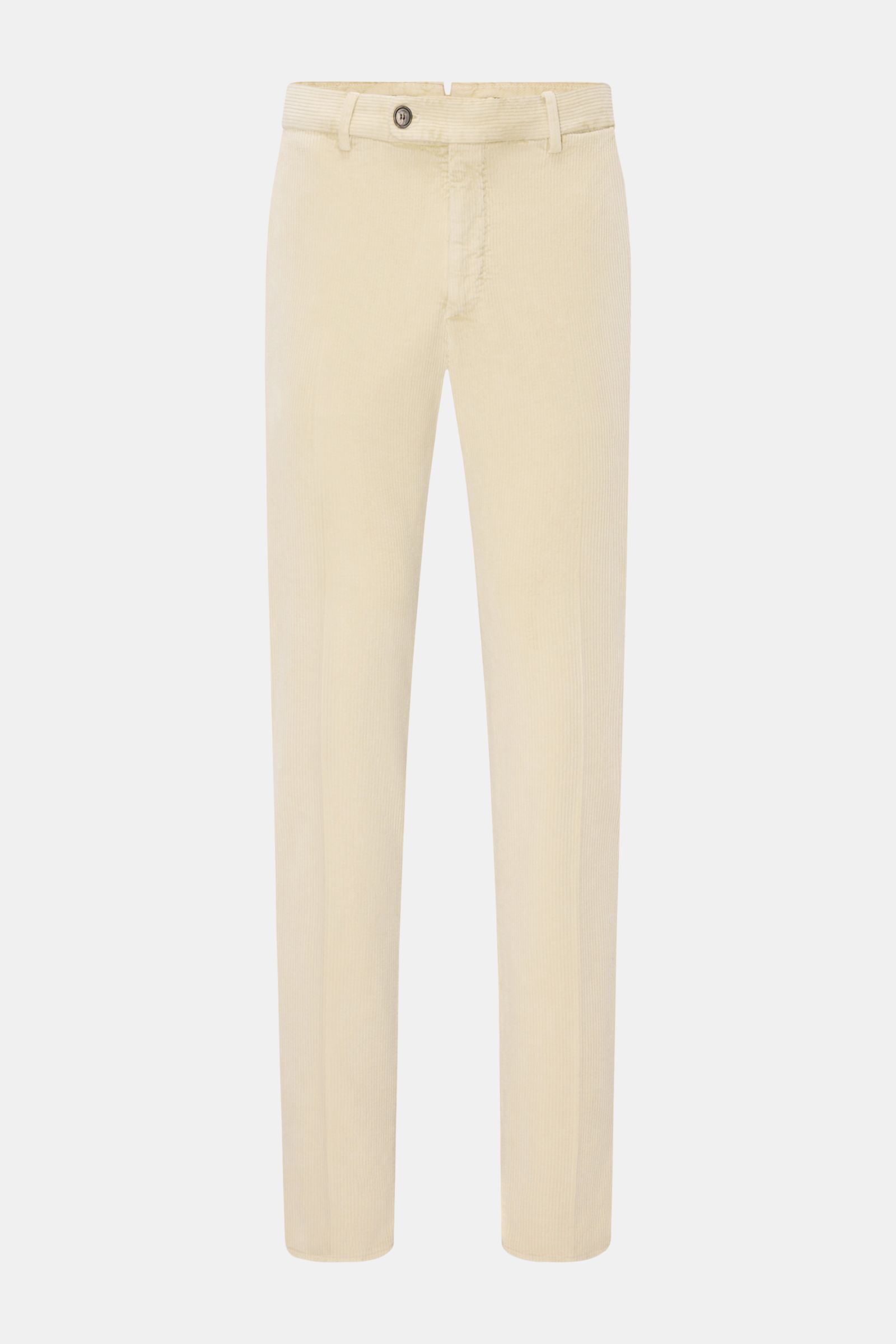 Front view of Incotex Cordhose sand, tapered fit corduroy pants made of cotton and microfiber, soft touch, garment dyed, regular thigh width, ankle length, narrow tapering, with zipper and button, French pockets, small watch pocket, buttoned back pockets,