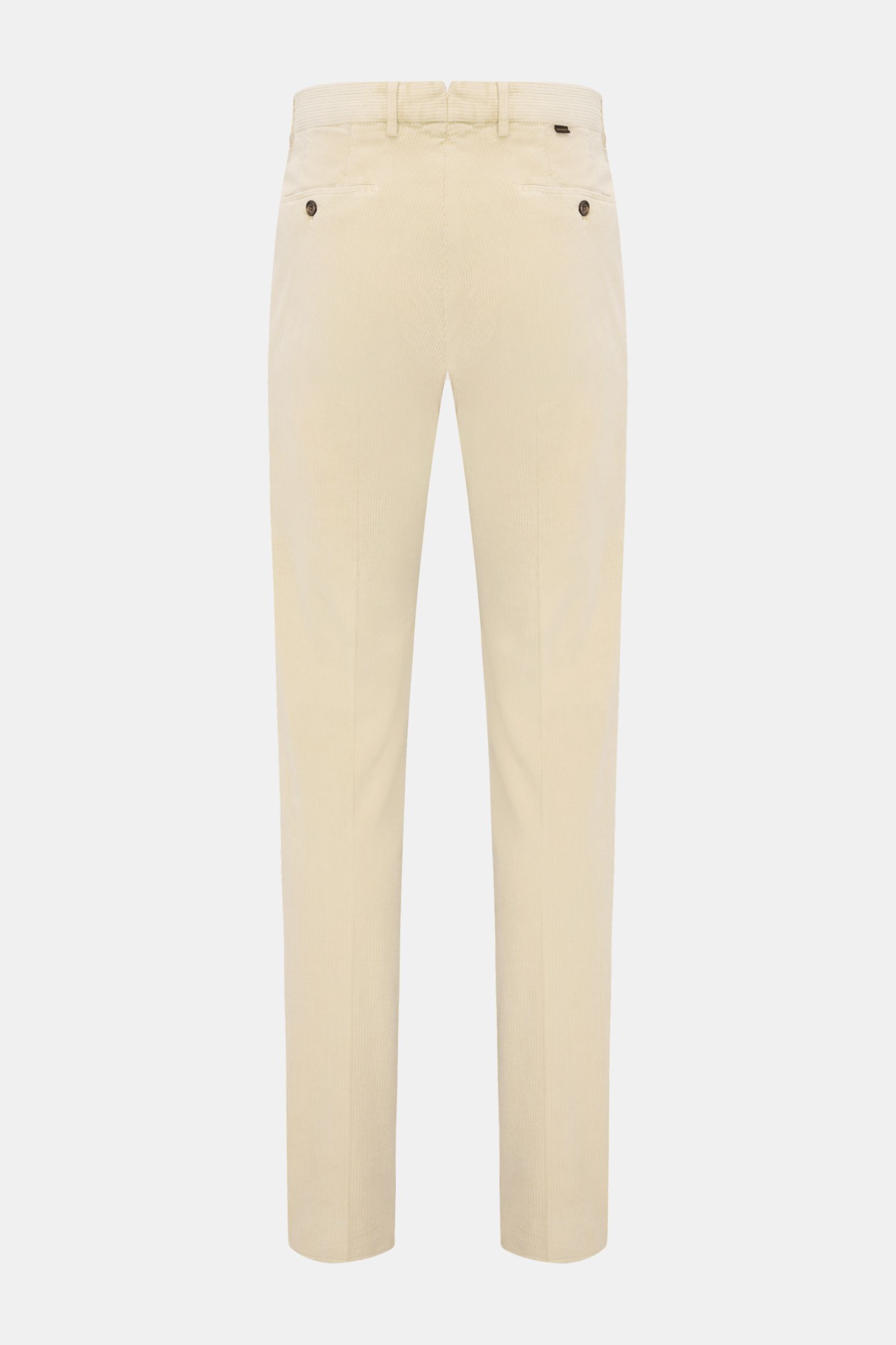 Back view of Incotex Cordhose sand, corduroy cotton and microfiber, soft touch, garment dyed, tapered fit, regular thigh width, ankle length, slim tapering, zip and button closure, French pockets, small watch pocket, buttoned back pockets, small web label