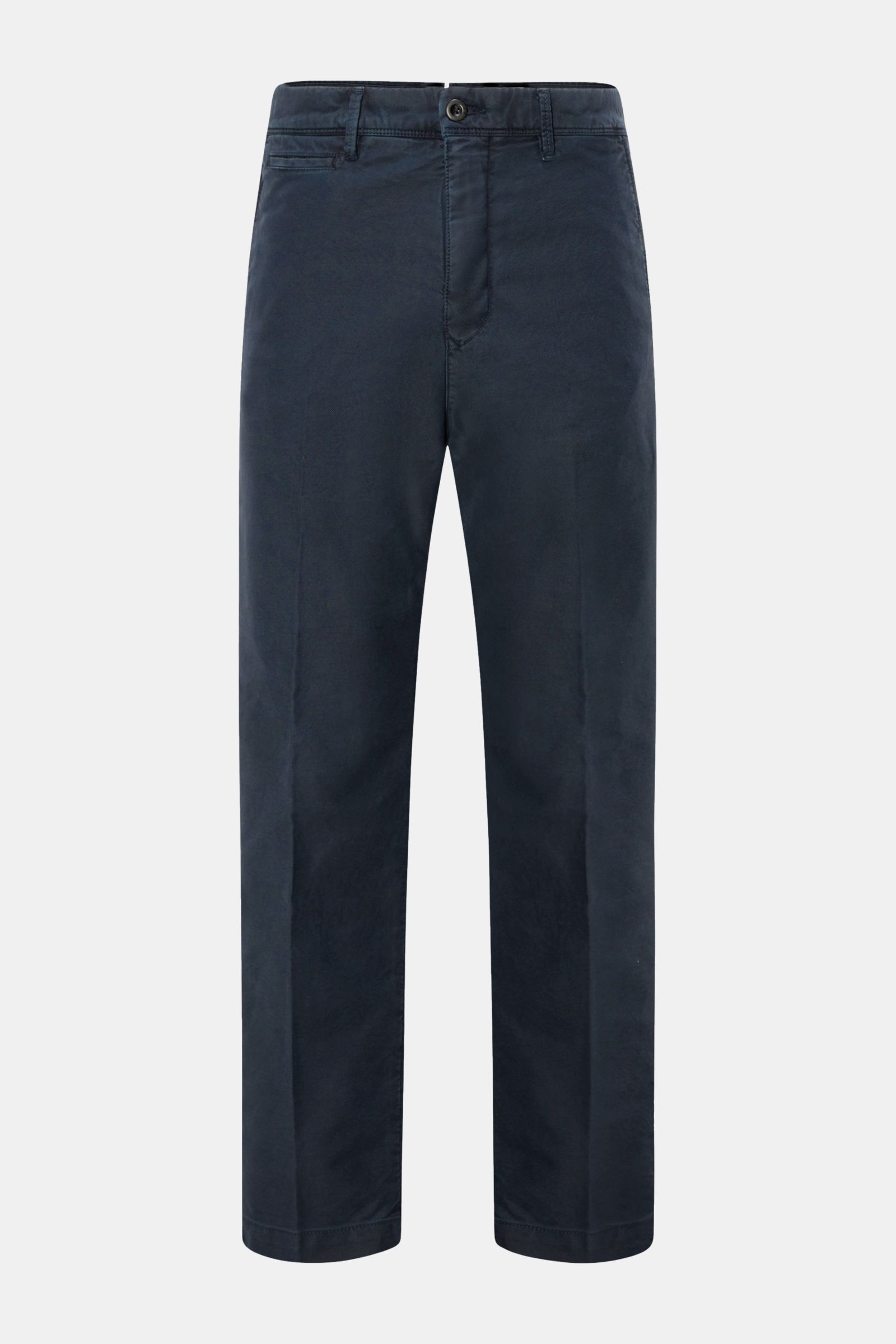 Incotex Slacks Baumwollhose navy, frontal fotografiert, Tapered Fit, Baumwoll-Twill mit Stretch, knöchellang, französische Taschen, Leistentaschen mit Knopf.