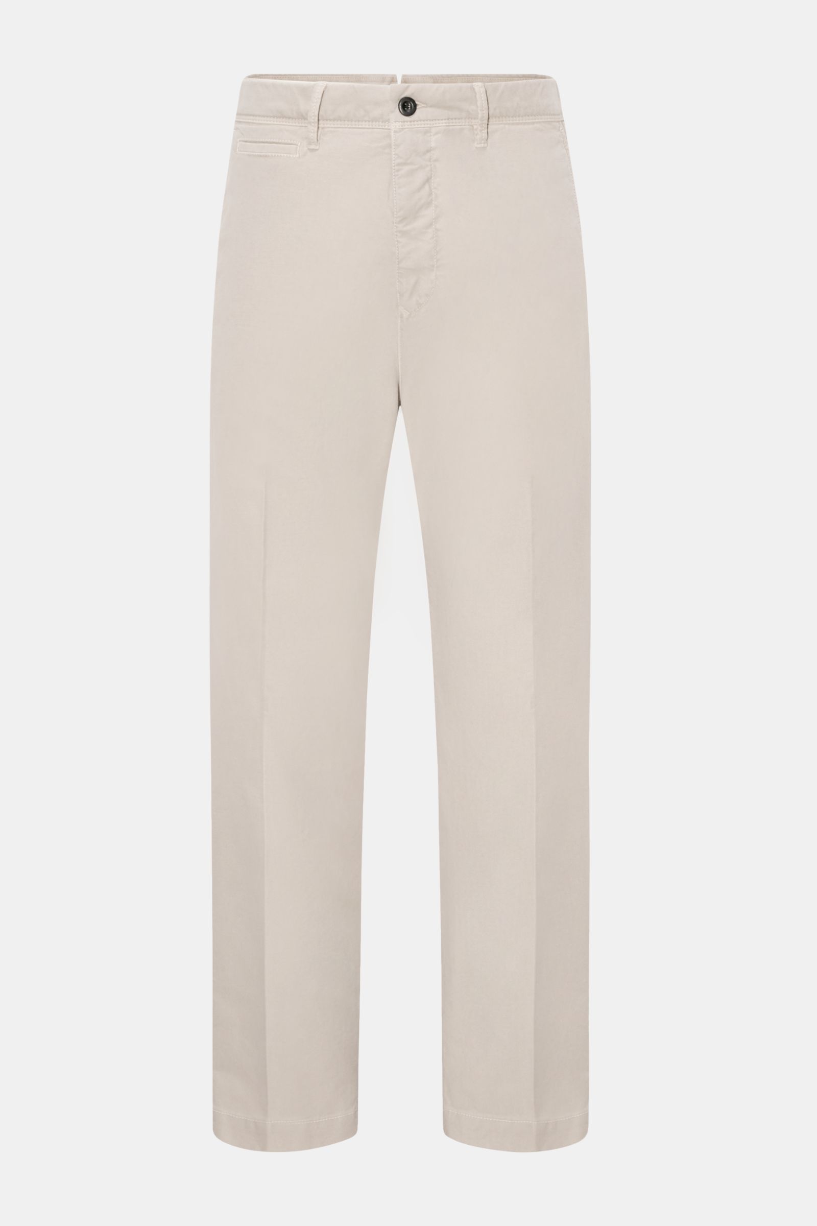 Incotex Slacks Baumwollhose sand im Tapered Fit, knöchellang, aus leicht elastischem Baumwoll-Twill, Frontansicht mit Reißverschluss, Bundknopf, Taschen.