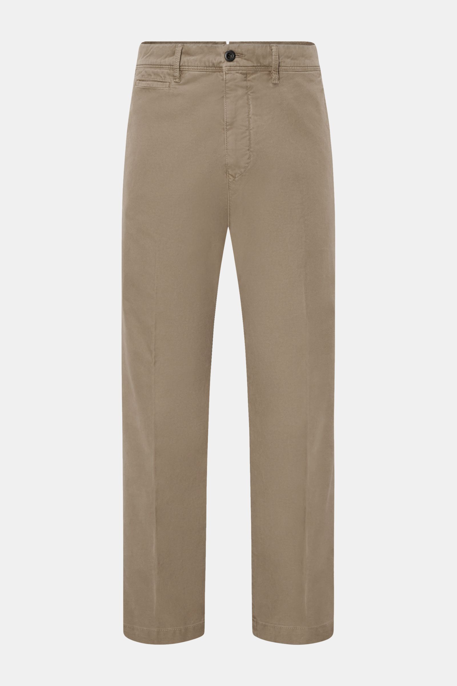 Incotex Slacks Baumwollhose graubraun, knöchellang im Tapered Fit, Baumwoll-Twill mit leichtem Stretch, Reißverschluss, Bundknopf, französische Taschen, Leistentaschen mit Knopf, frontale Produktaufnahme.