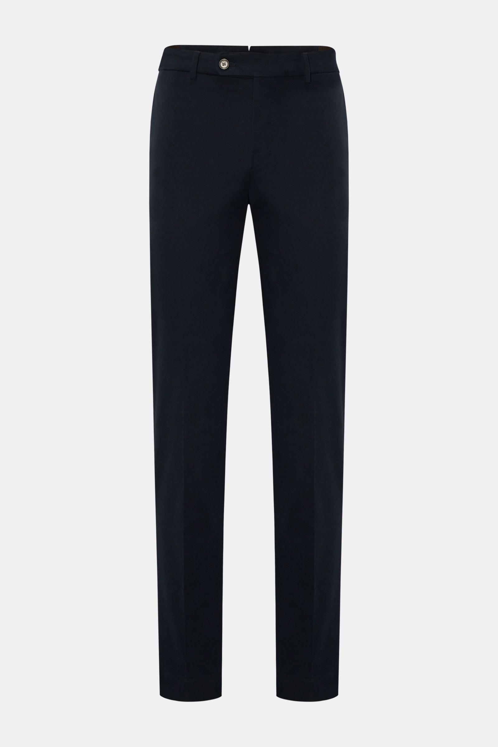 Front view of Incotex Chino 'High Comfort' navy trousers in slim fit with a very narrow taper, featuring a partly elastic waistband, zipper, and button closure. When elegance meets invisible comfort, the Chino 'High Comfort' from INCOTEX offers perfect fi