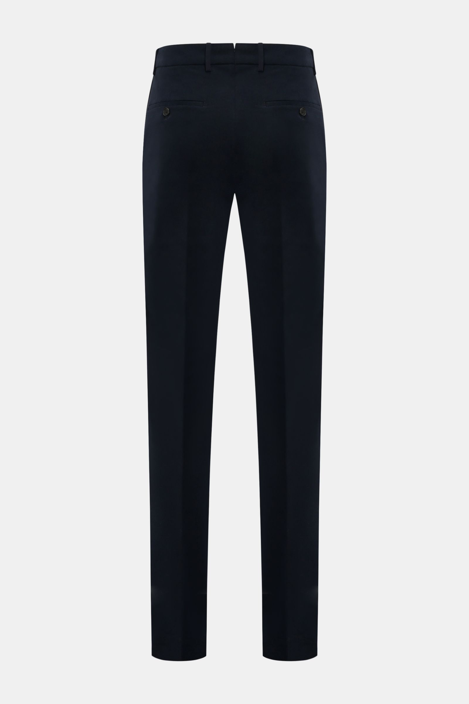 Rear view of Incotex Chino 'High Comfort' navy slim fit trousers with part-elastic waistband, French pockets, and buttoned welt back pockets. Wenn Eleganz auf unsichtbaren Komfort trifft, entsteht die Chino 'High Comfort' von INCOTEX. Ihr im Inneren ve