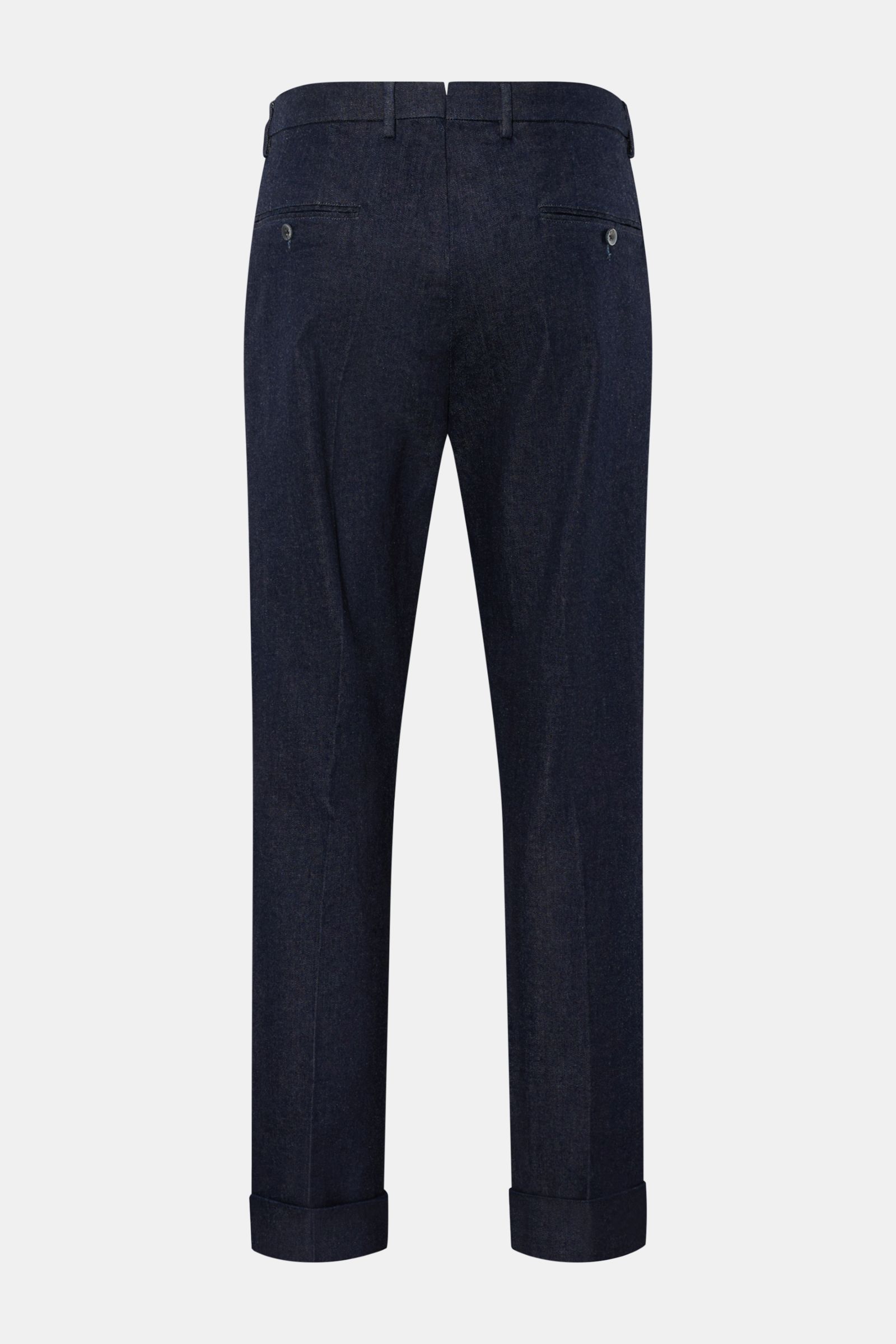 GTA Jeans 'Luca' navy, Rückansicht, Denim aus Baumwolle mit leichtem Stretch, tapered Fit, reguläre Oberschenkelweite, knöchellang, Bund mit Comfort Band, Reißverschluss, Bundknöpfe, doppelte Bundfalte, französische Taschen, dezentes Logo, paspelierte Ges