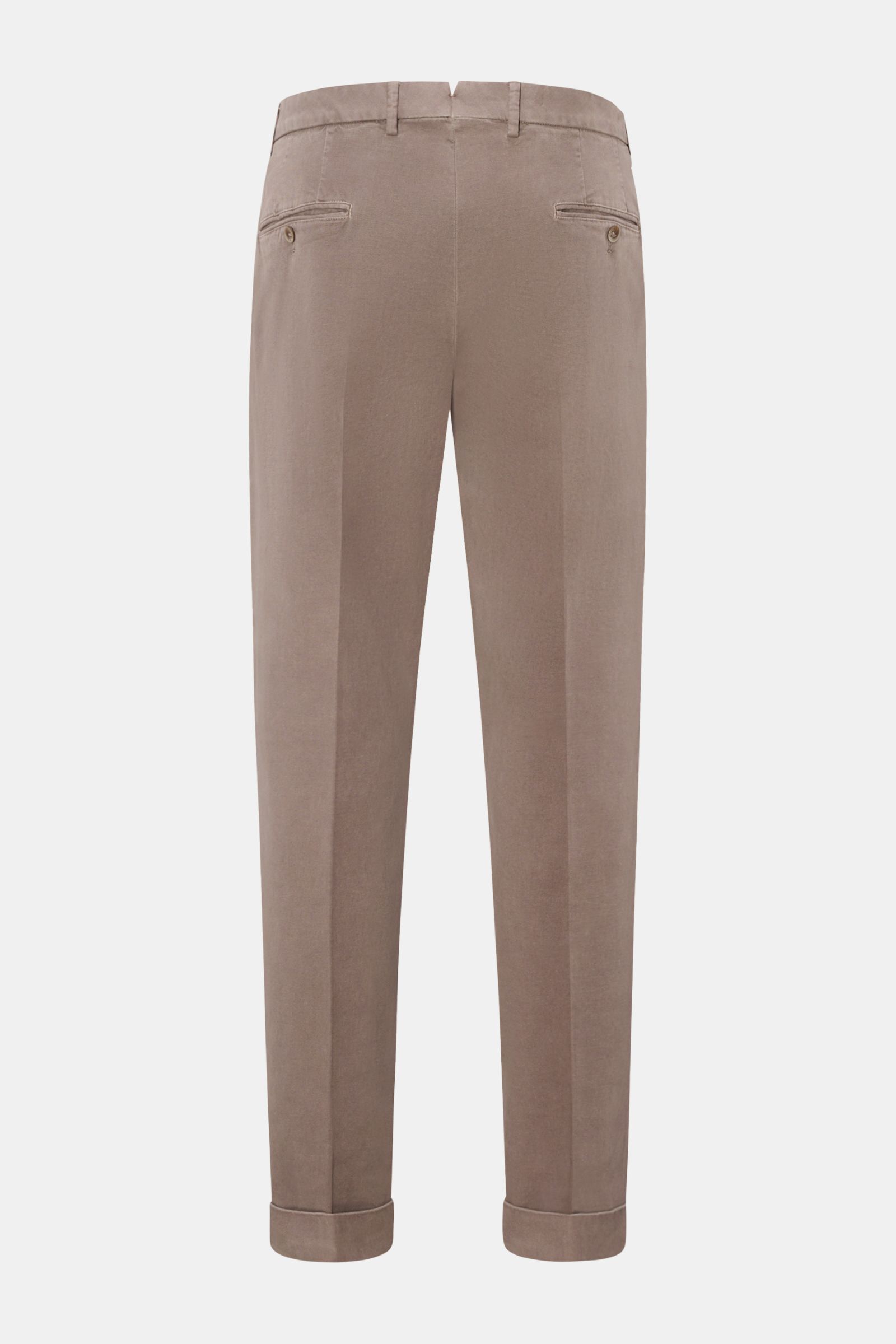 GTA Hose 'Luca' taupe shown from the back, featuring a cotton-modal mix, tapered fit, double waistband pleat, fixed cuff, and buttoned back pockets.