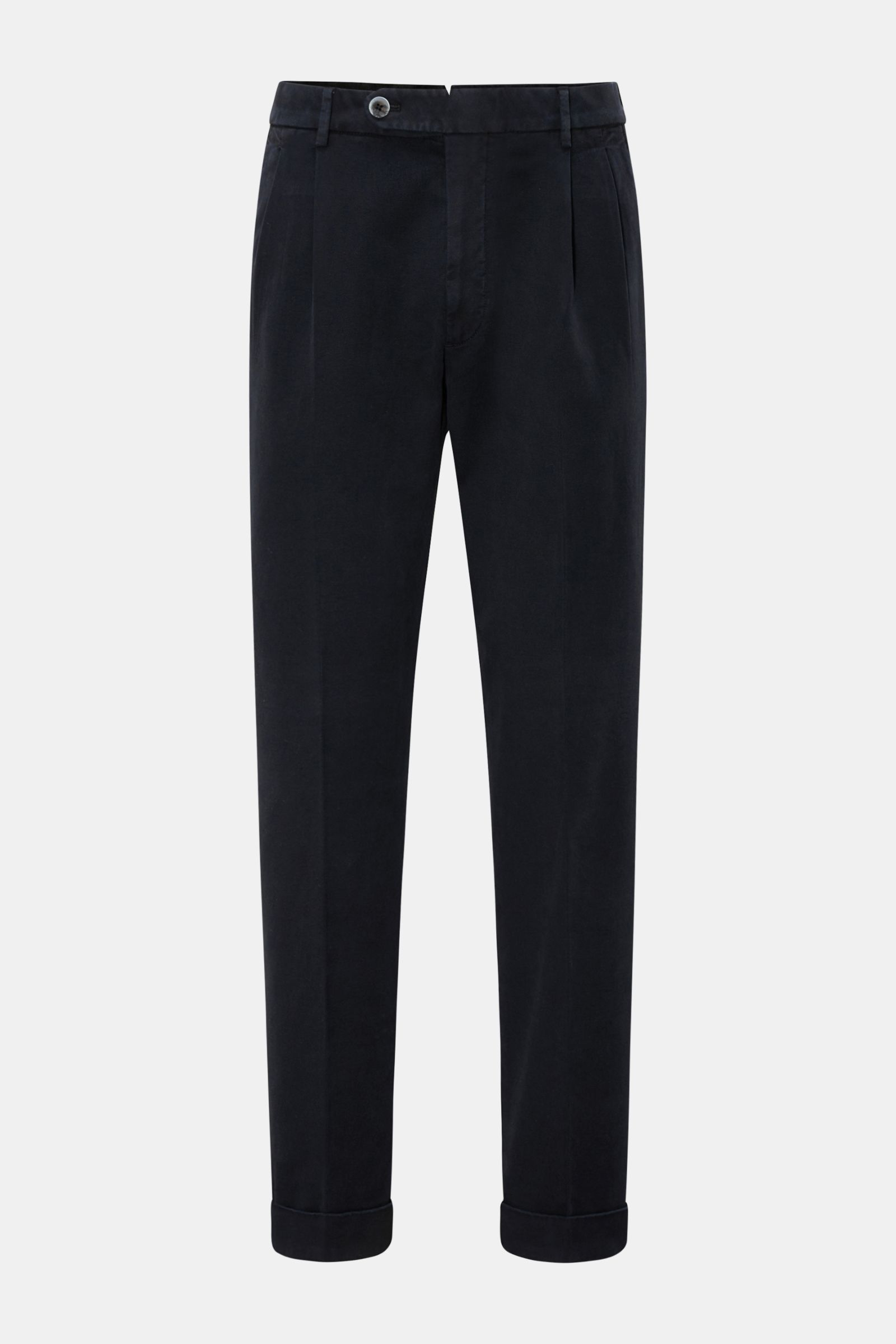 Front view of GTA Hose 'Luca' navy, a tapered fit, ankle-length cotton-modal blend pant with double pleats, fixed cuff, zip, hook, elastic waistband, French pockets, and buttoned back pockets.