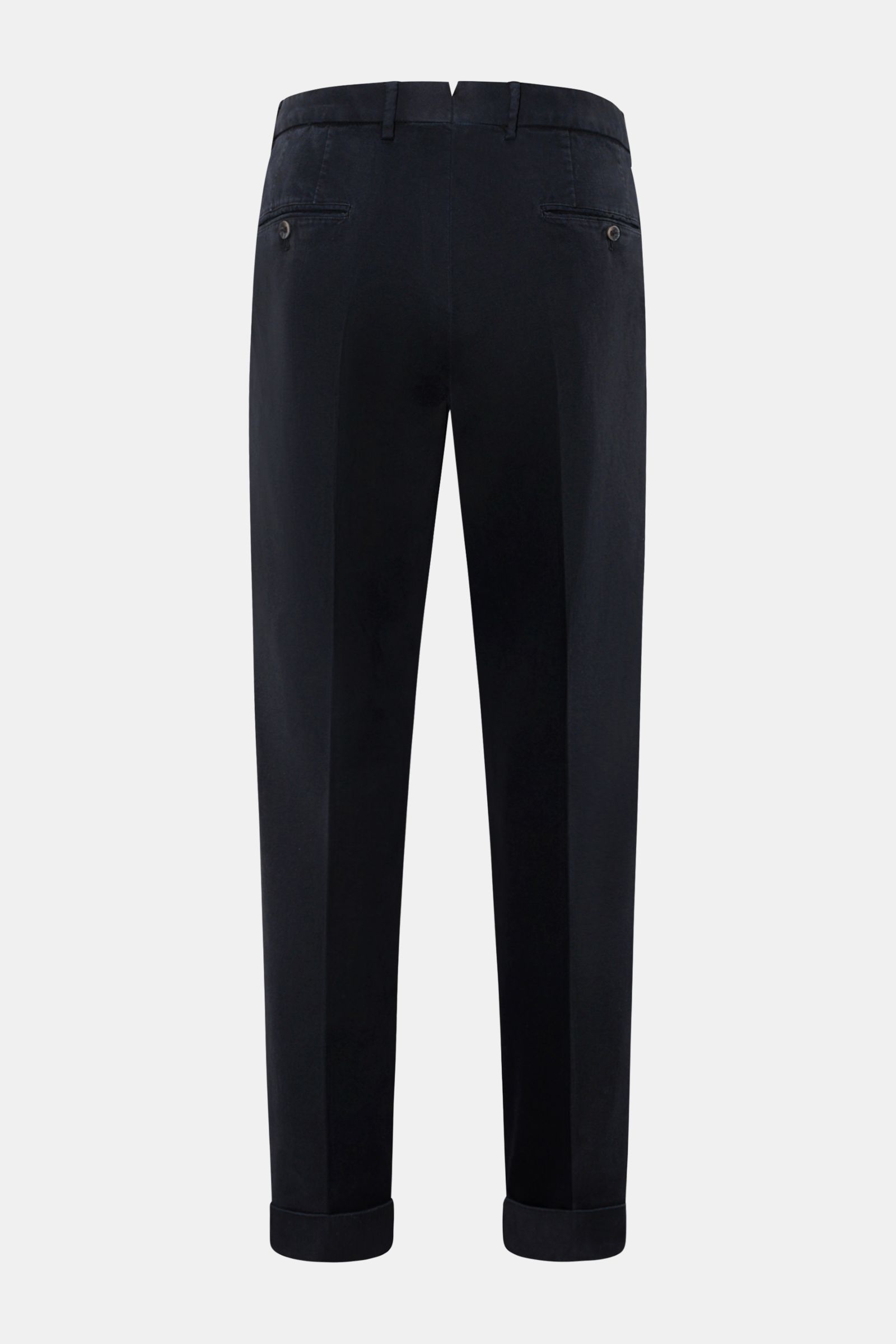 Rear view of GTA Hose 'Luca' navy in a high-quality cotton-modal mix with tapered fit, double waistband pleat, fixed cuff, and buttoned back pockets.