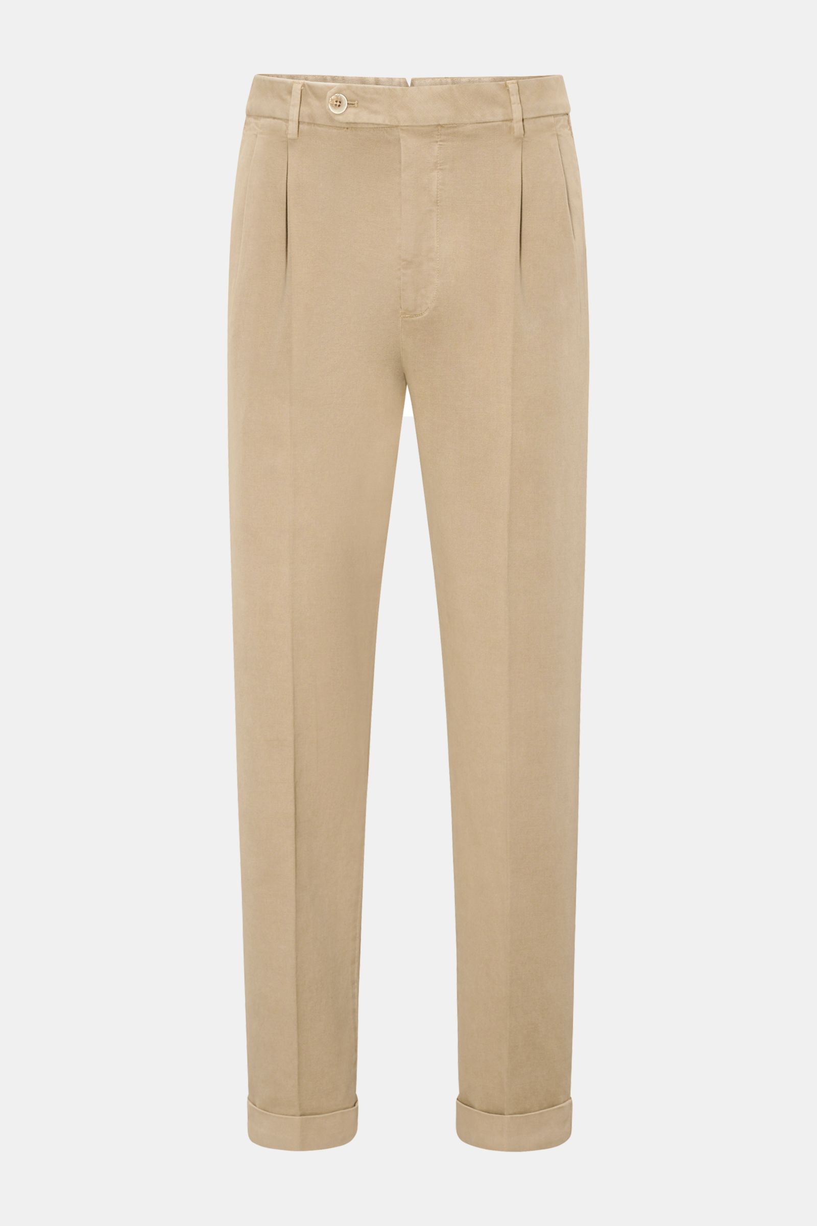 GTA Hose 'Luca' beige, frontale Nahaufnahme, Baumwoll-Modal-Mix, Tapered Fit, doppelte Bundfalte, Saumaufschlag, französische Taschen.