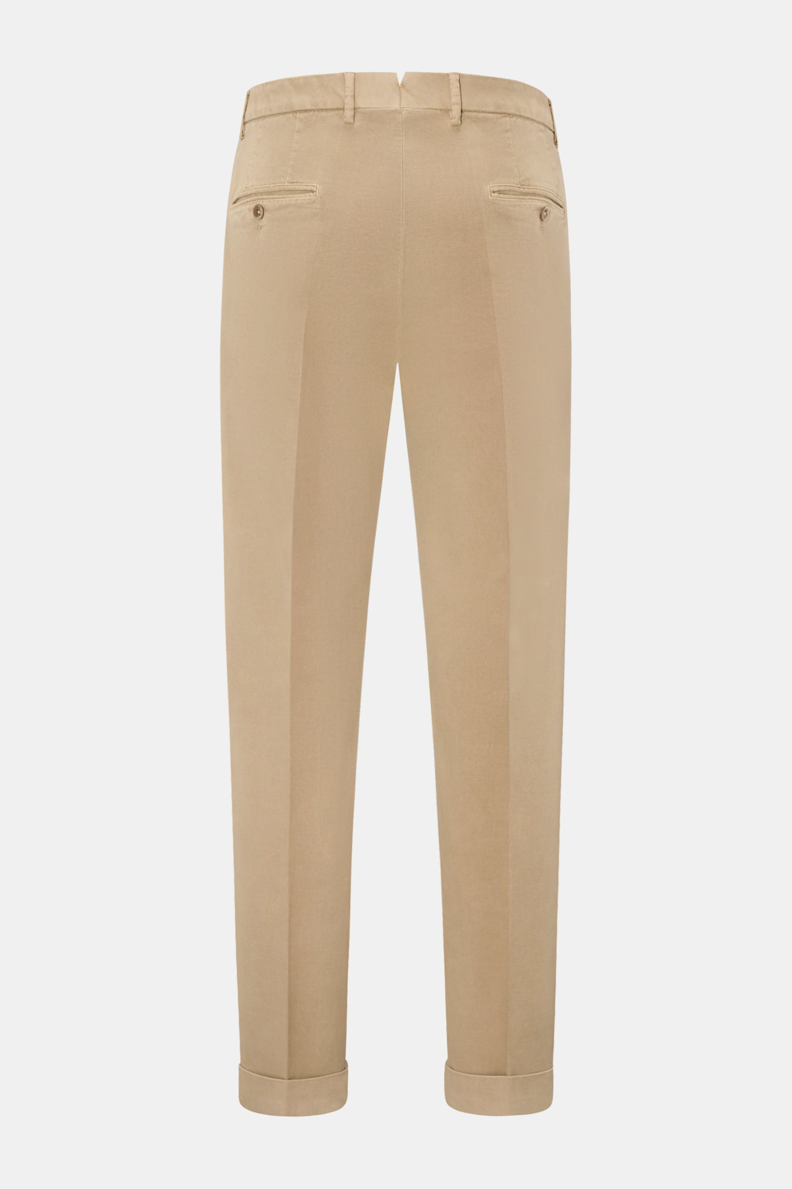 GTA Hose 'Luca' beige, schmal zulaufend im Tapered Fit, aus leicht elastischem Baumwoll-Modal-Mix, Rückansicht mit fixiertem Saumaufschlag.