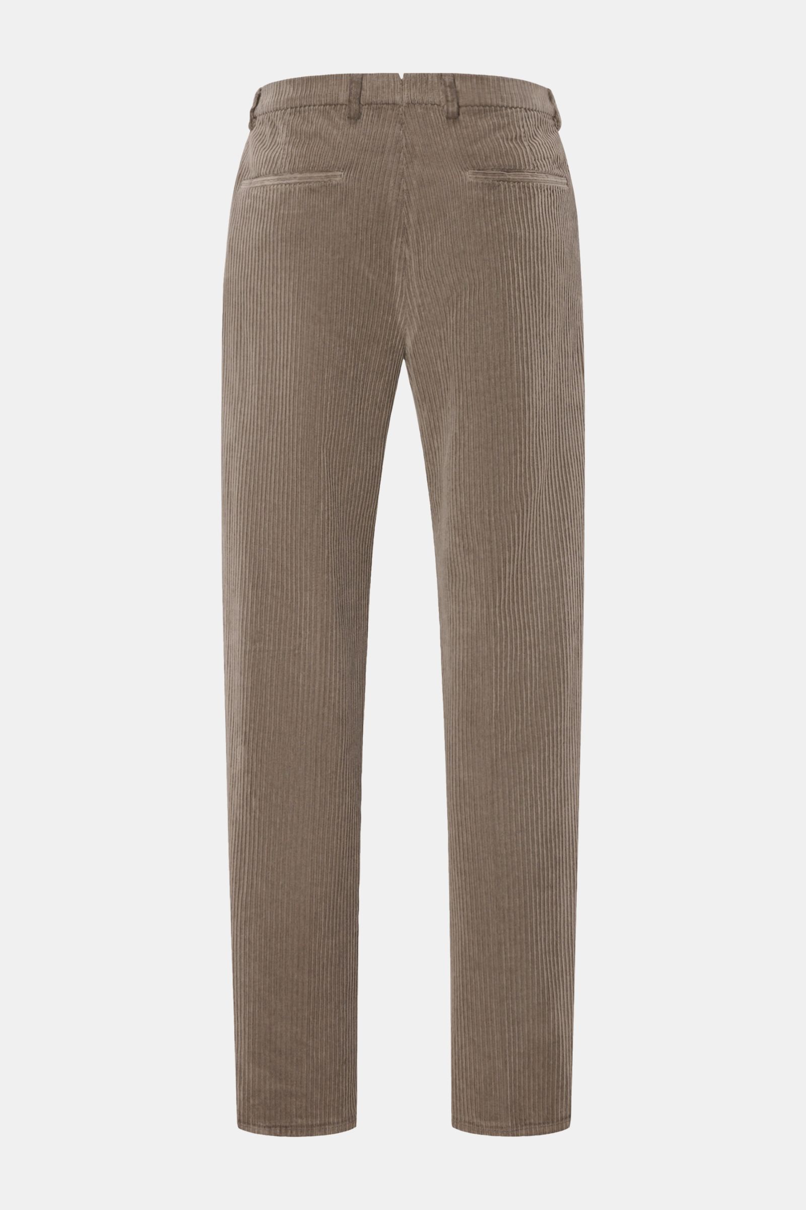 GTA Cordhose 'Silvio' taupe shown from the back, made of cotton cord with slightly elastic, soft Regular Fit, tapered legs, zipper and button, elastic waistband insert, single front pleat, French pockets, and welt pockets at the back.