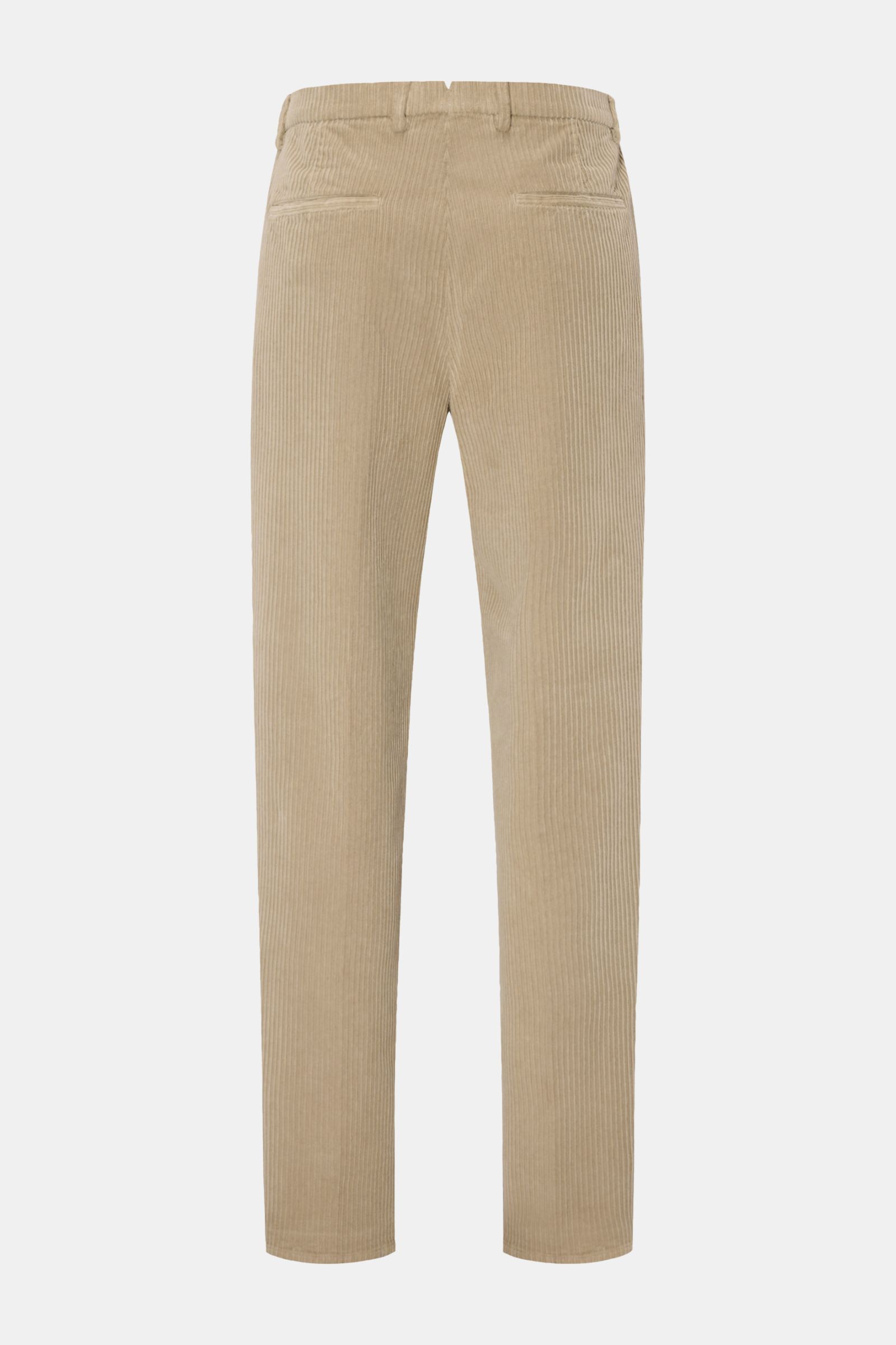 Rear view of GTA Cordhose 'Silvio' beige, corduroy cotton pants with leicht elastische Qualität, weicher Griff, Regular Fit, leicht schmal zulaufend, Reißverschluss und Bundknopf, elastischer Einsatz im Hosenbund, einfache Bundfalte, französische Taschen,