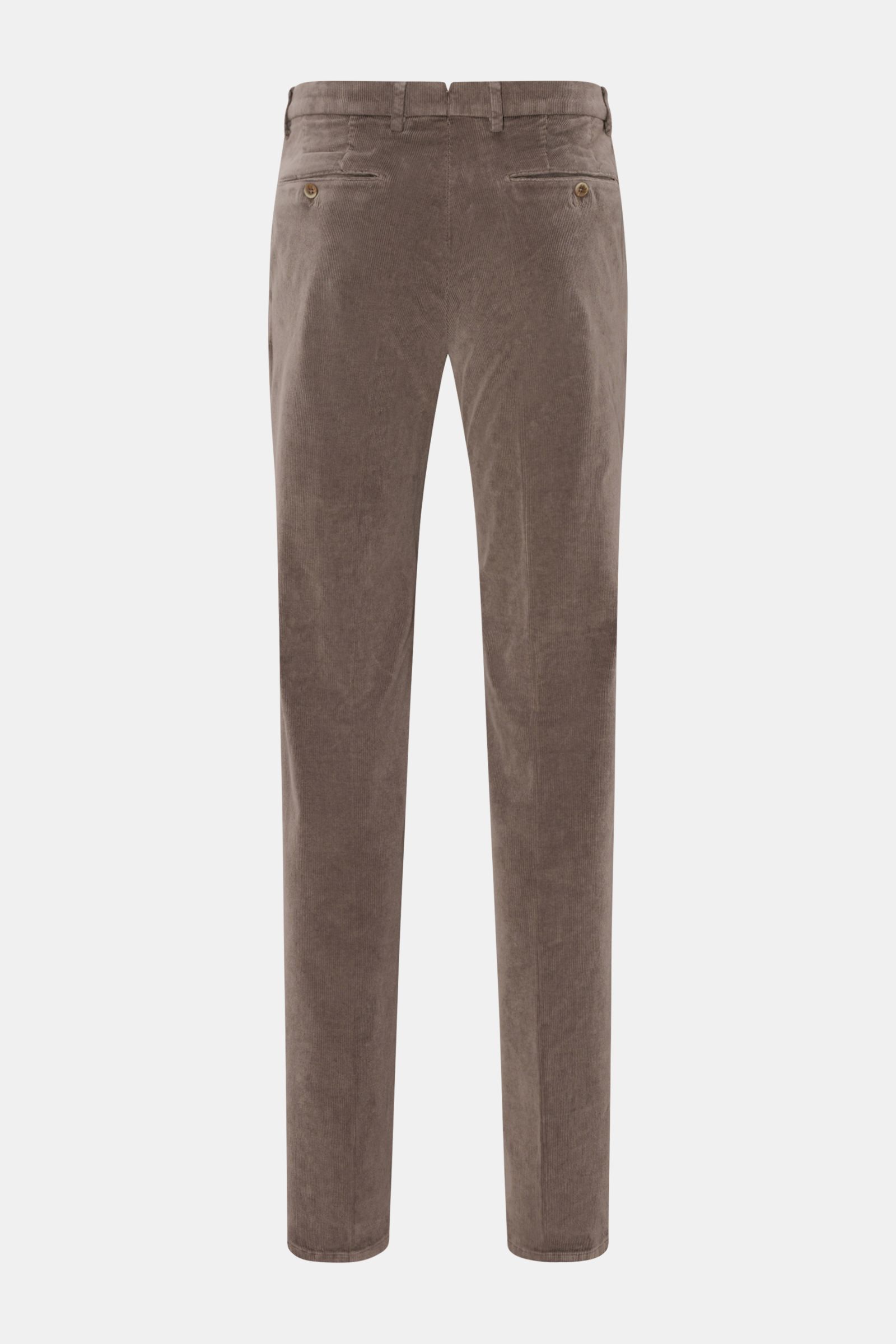GTA Corduroy trousers 'Federico' dark grey shown from the back, slim fit with slightly tapered cut, fine cotton and modal corduroy, slightly elasticated fabric, soft feel, zip and waist button, waistband with elastic insert, French pockets, jetted back po