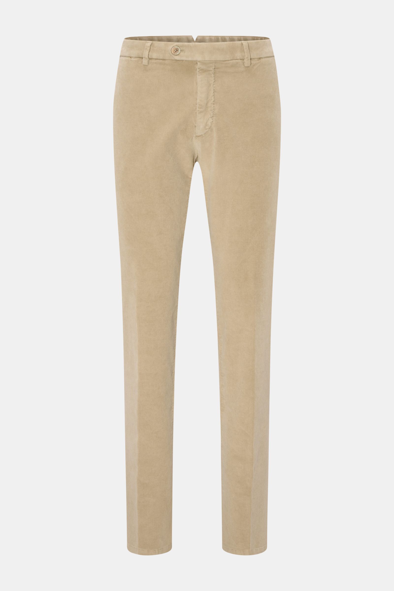 GTA Cordhose 'Federico' beige aus feinem Baumwoll-Modal-Feincord, Slim Fit, leicht schmal zulaufend, Reißverschluss, Bundknopf, elastischer Bund, französische Taschen, paspelierte Gesäßtaschen mit Knopf, Frontansicht.