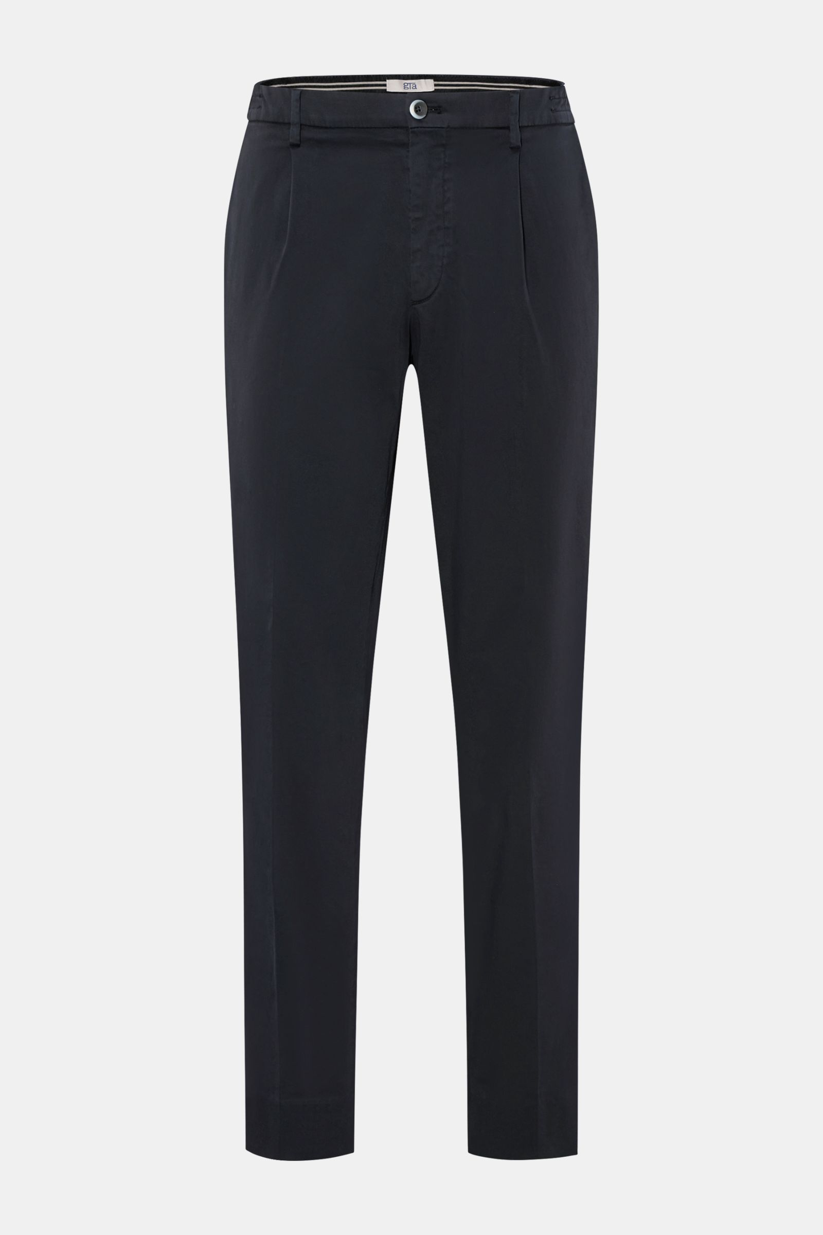 Front view of GTA Cotton trousers 'Dennis' navy, tapered fit cotton trousers with elasticated waistband, zip, buttons, French pockets, and fixed hem.

The cotton trousers 'Dennis' by GTA are defined by their soft feel and feature an elasticated waistba